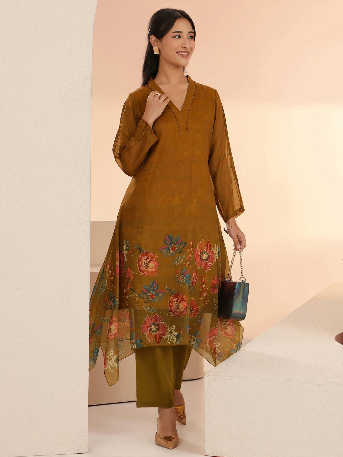 Mameraa Brown Floral Printed Chiffon High Low Kurta Set