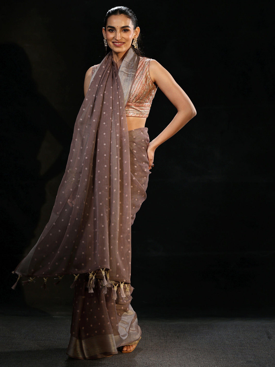 Mameraa Brown Floral Printed Chiffon Saree