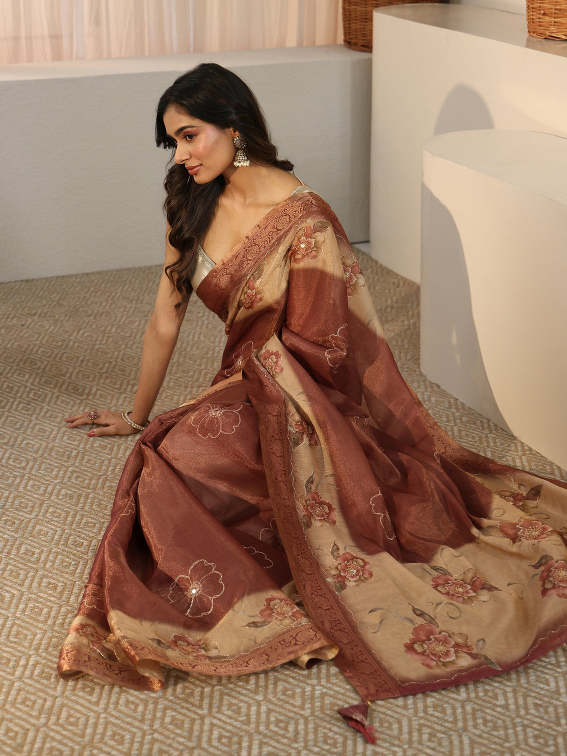 Mameraa Brown Floral Printed Ombre Silk Blend Saree