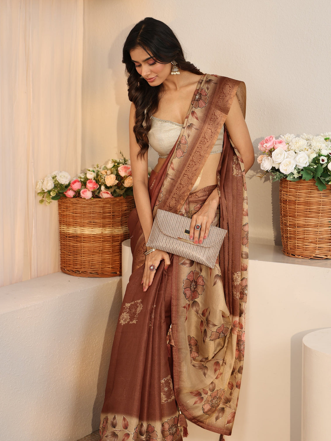 Mameraa Brown Floral Printed Ombre Silk Blend Saree
