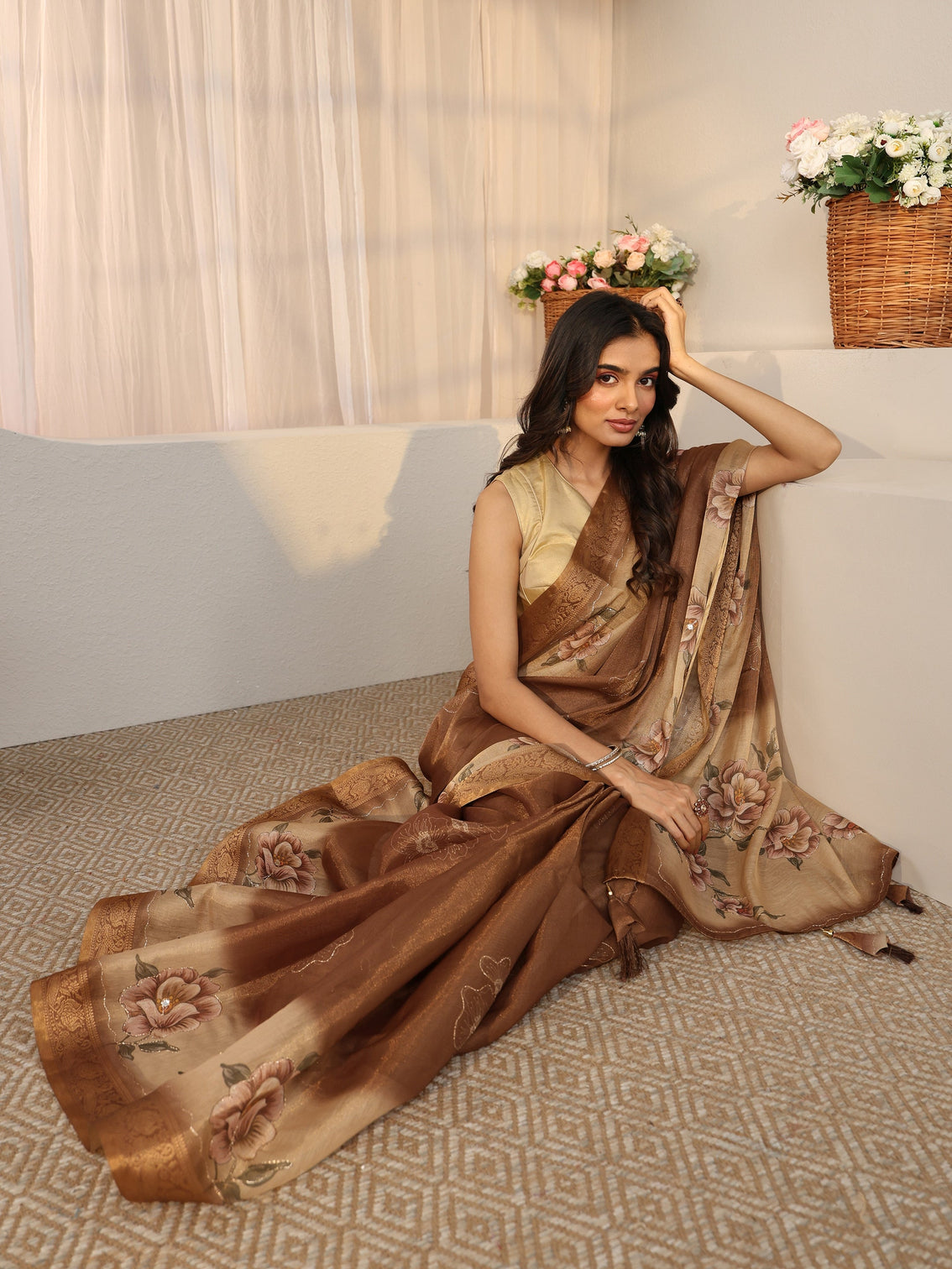 Mameraa Brown Floral Printed Silk Blend Ombre Saree with Woven Border
