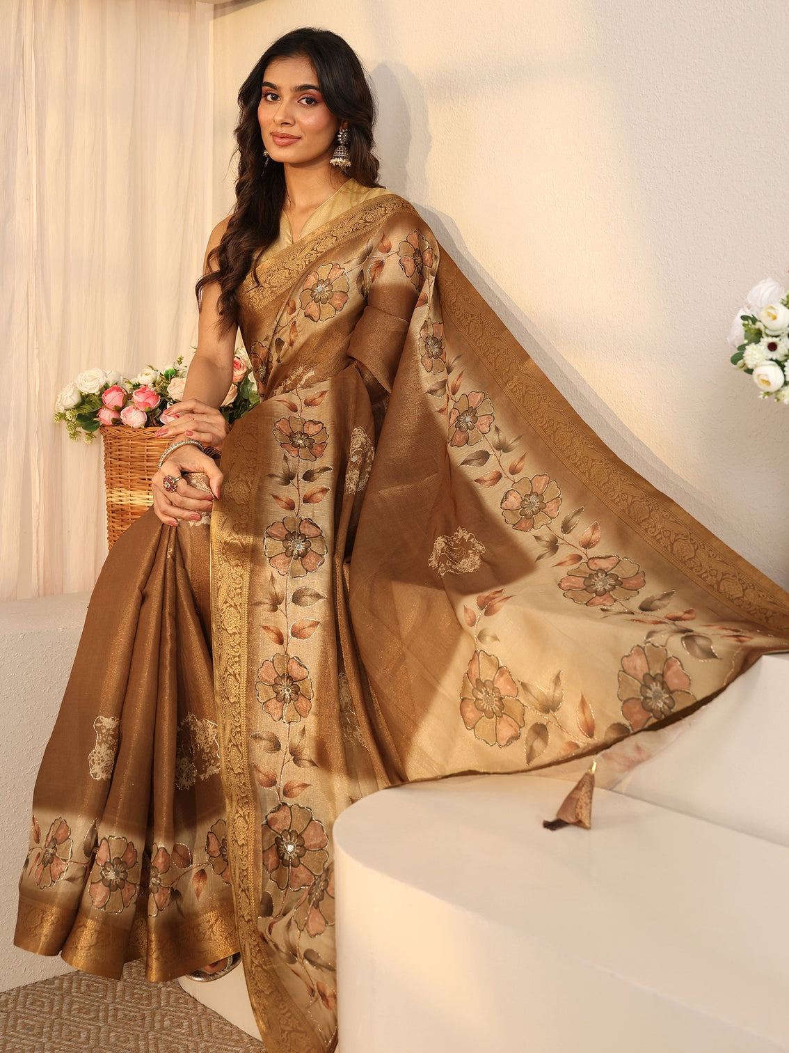 Mameraa Brown Floral Printed Silk Blend Ombre Saree with Woven Border