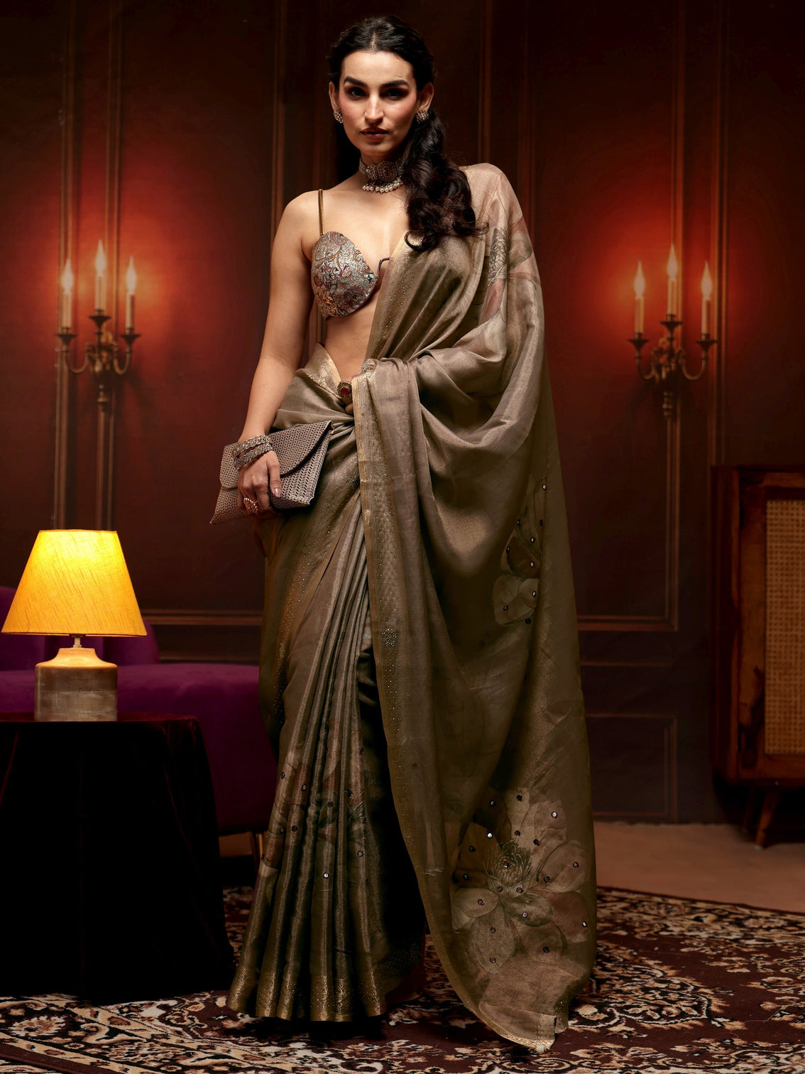 Mameraa Brown Floral Printed Silk Blend Saree
