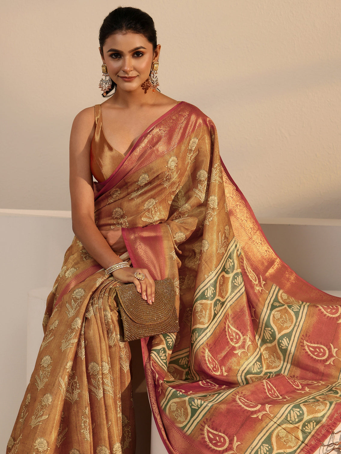 Mameraa Brown Floral Printed Silk Blend Saree with Woven Border