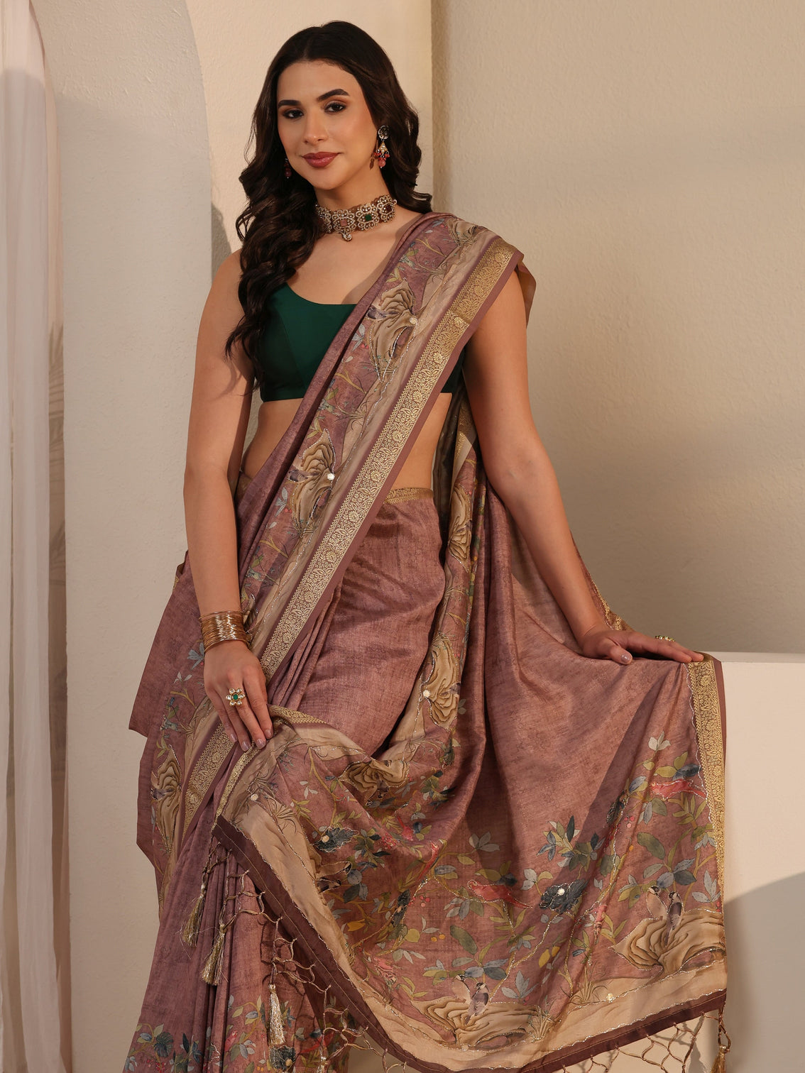 Mameraa Brown Floral Printed Silk Blend Tassel Saree