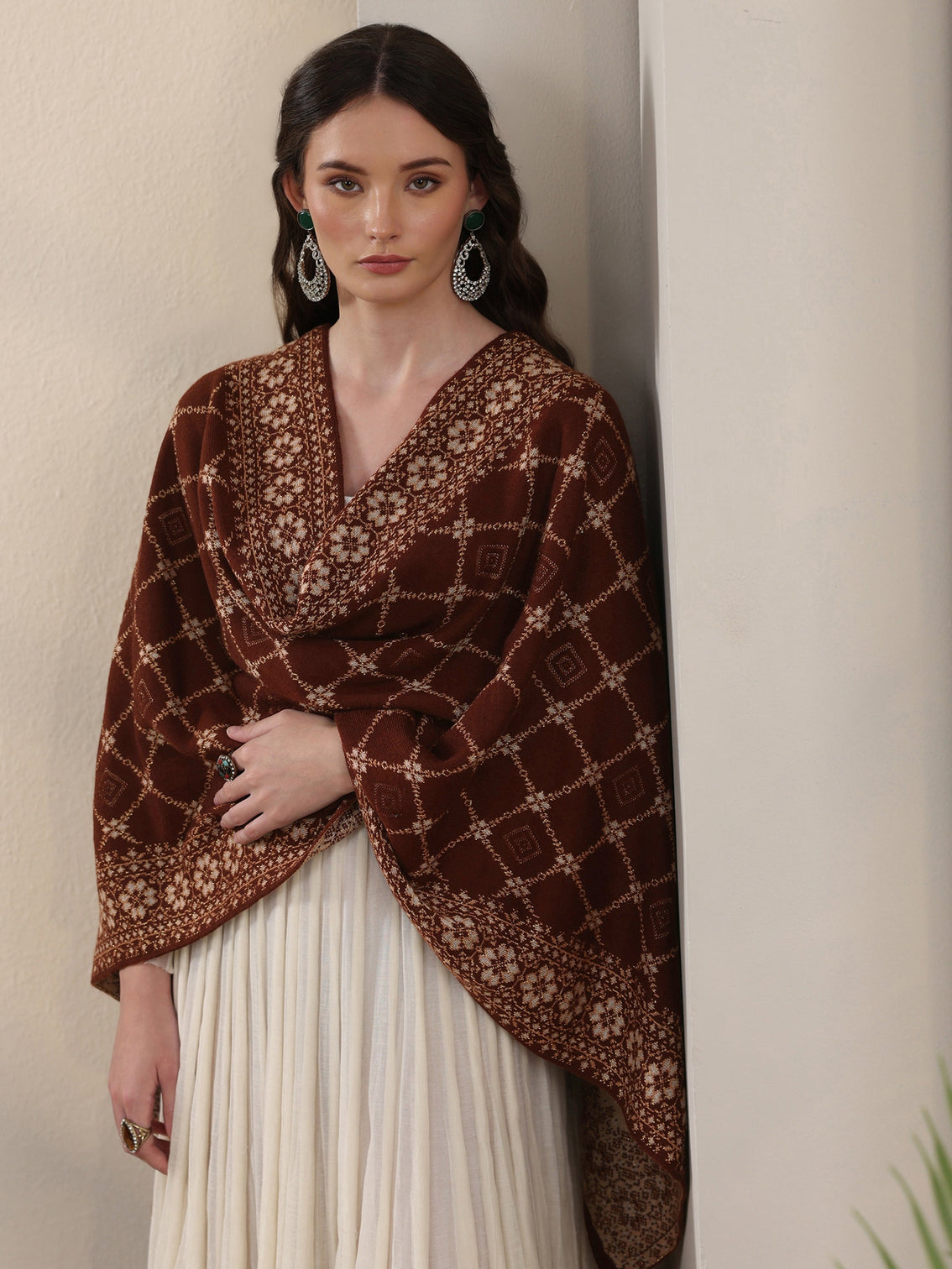 Mameraa Brown Jaal Pattern Embroidered Acrylic Wrap Shawl