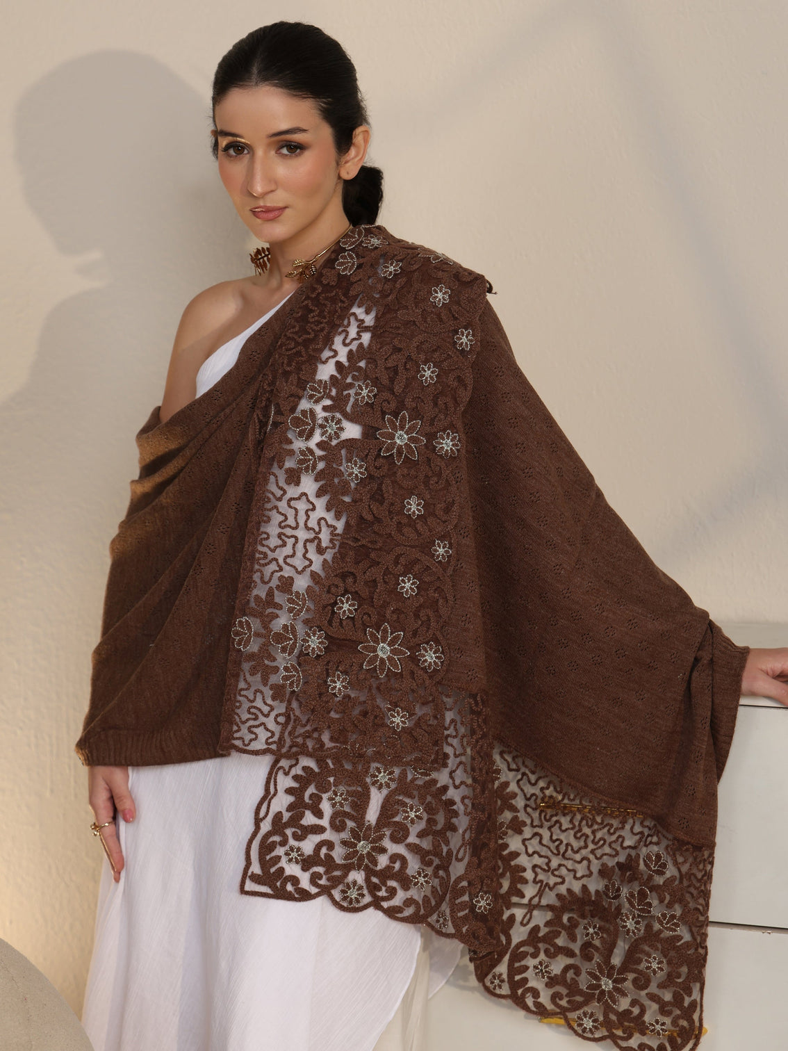 Mameraa Brown Knitted Lace Acrylic Wrap Shawl