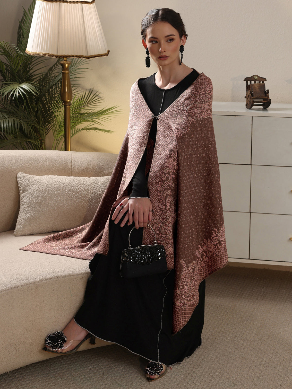 Mameraa Brown Paisley Knitted Acrylic Wrap Shawl