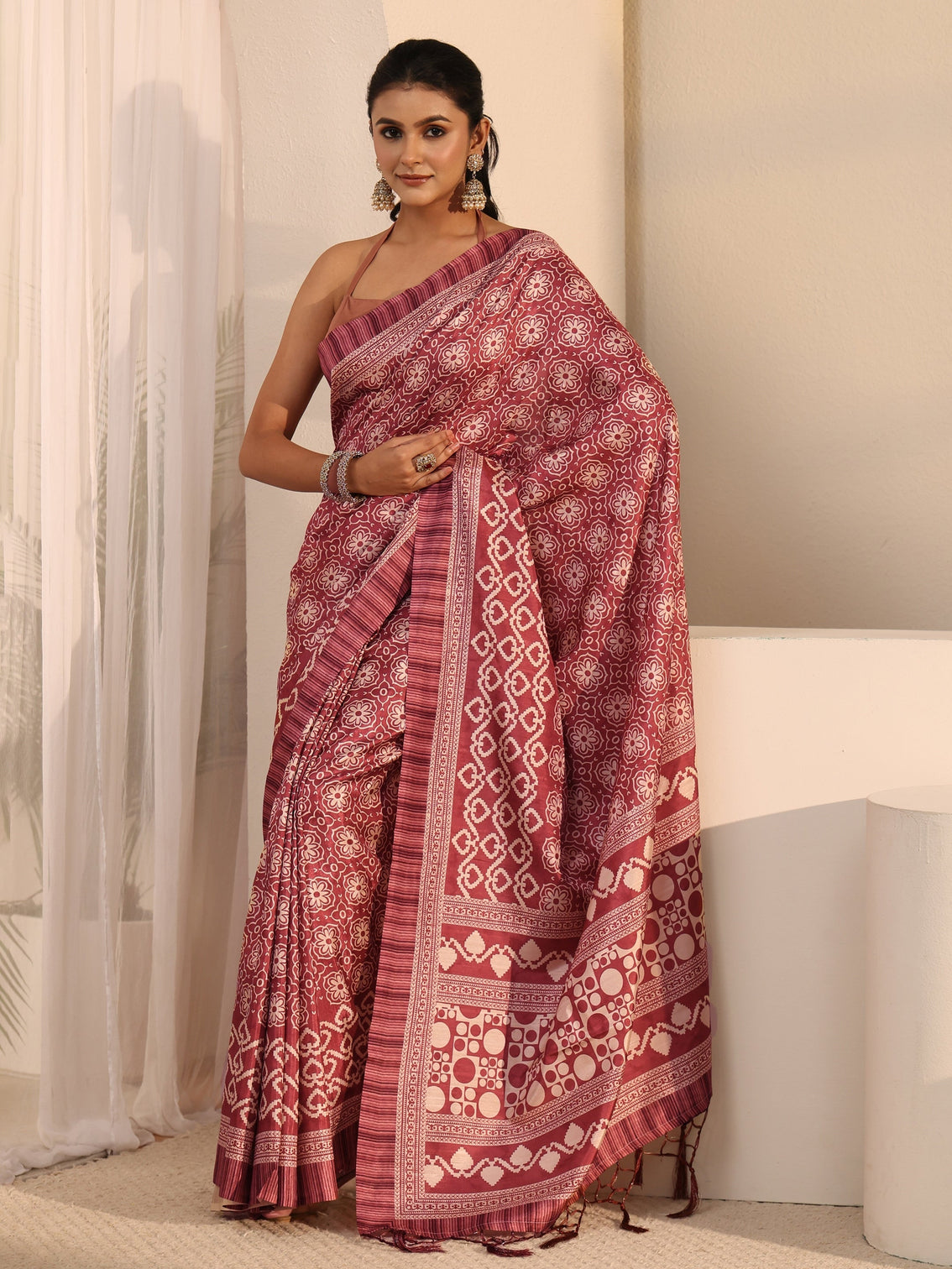 Mameraa Brown Printed Silk Blend Tassel Saree