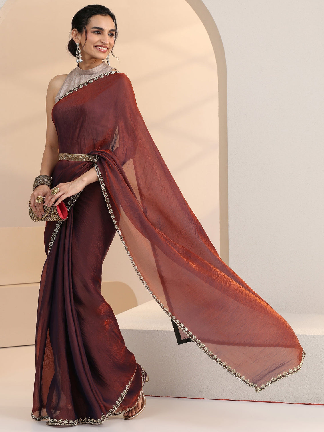 Mameraa Brown Tissue Saree with Stone Work Border