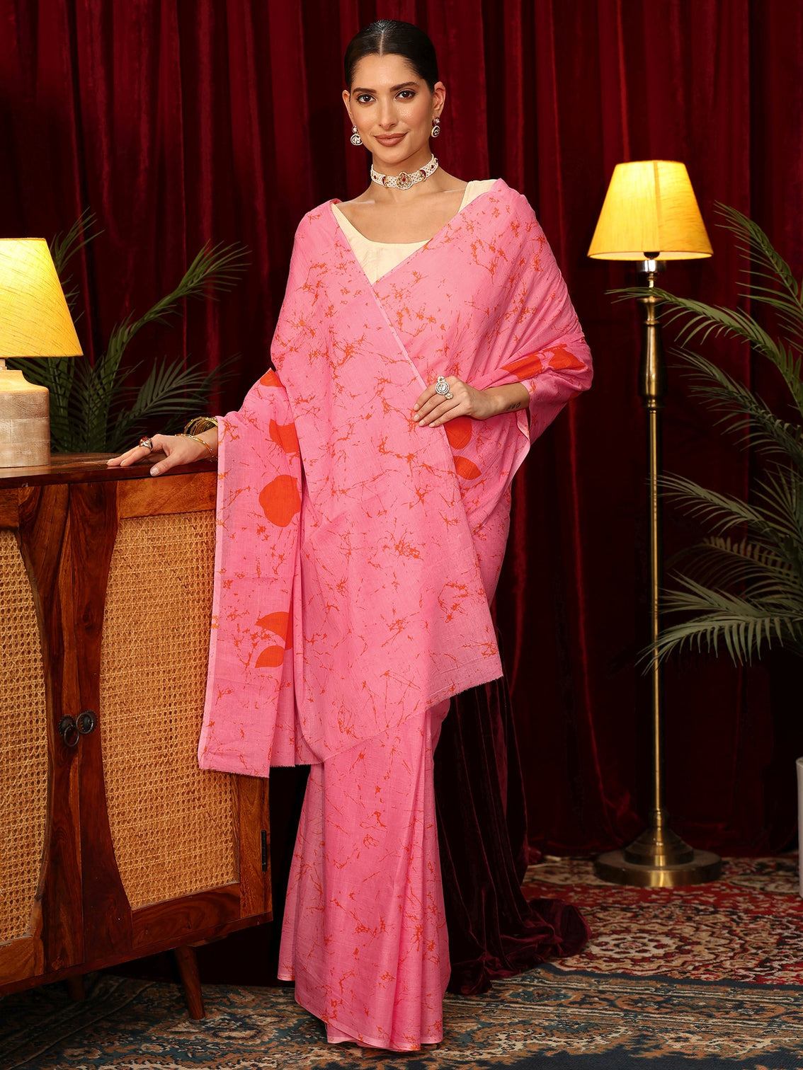 Mameraa Bubblegum Pink Batik Print Cotton Saree