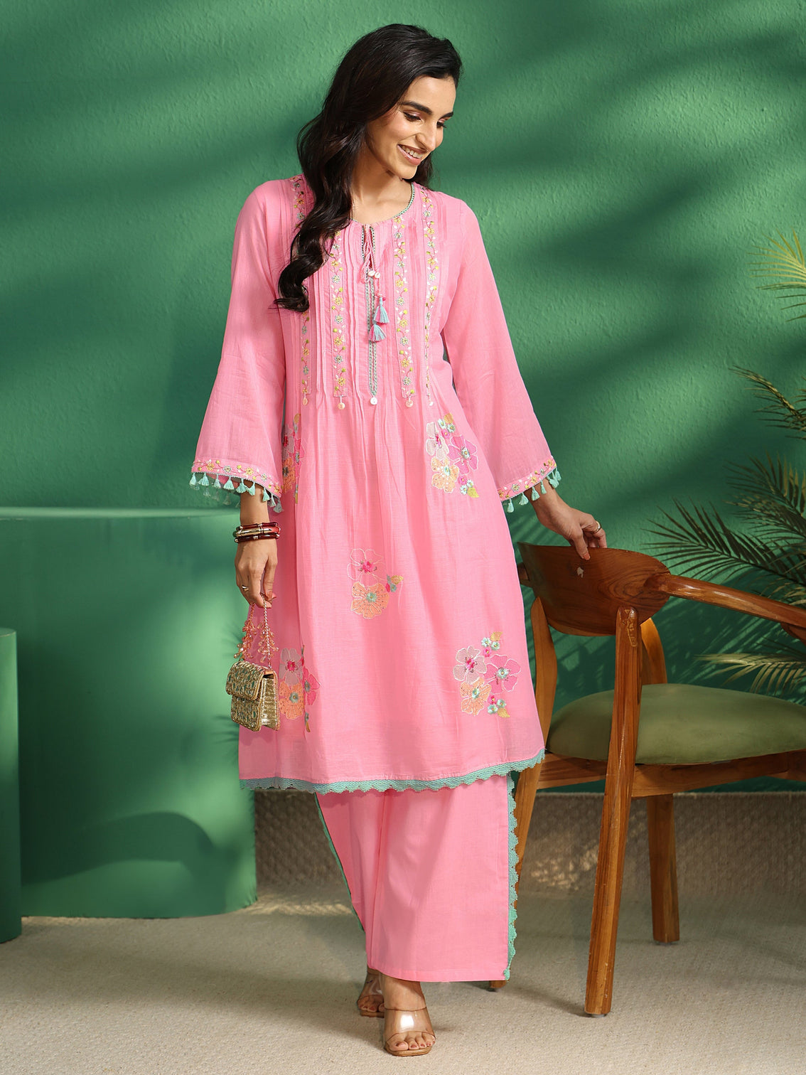 Mameraa Bubblegum Pink Floral Embroidered Co-Ord Set