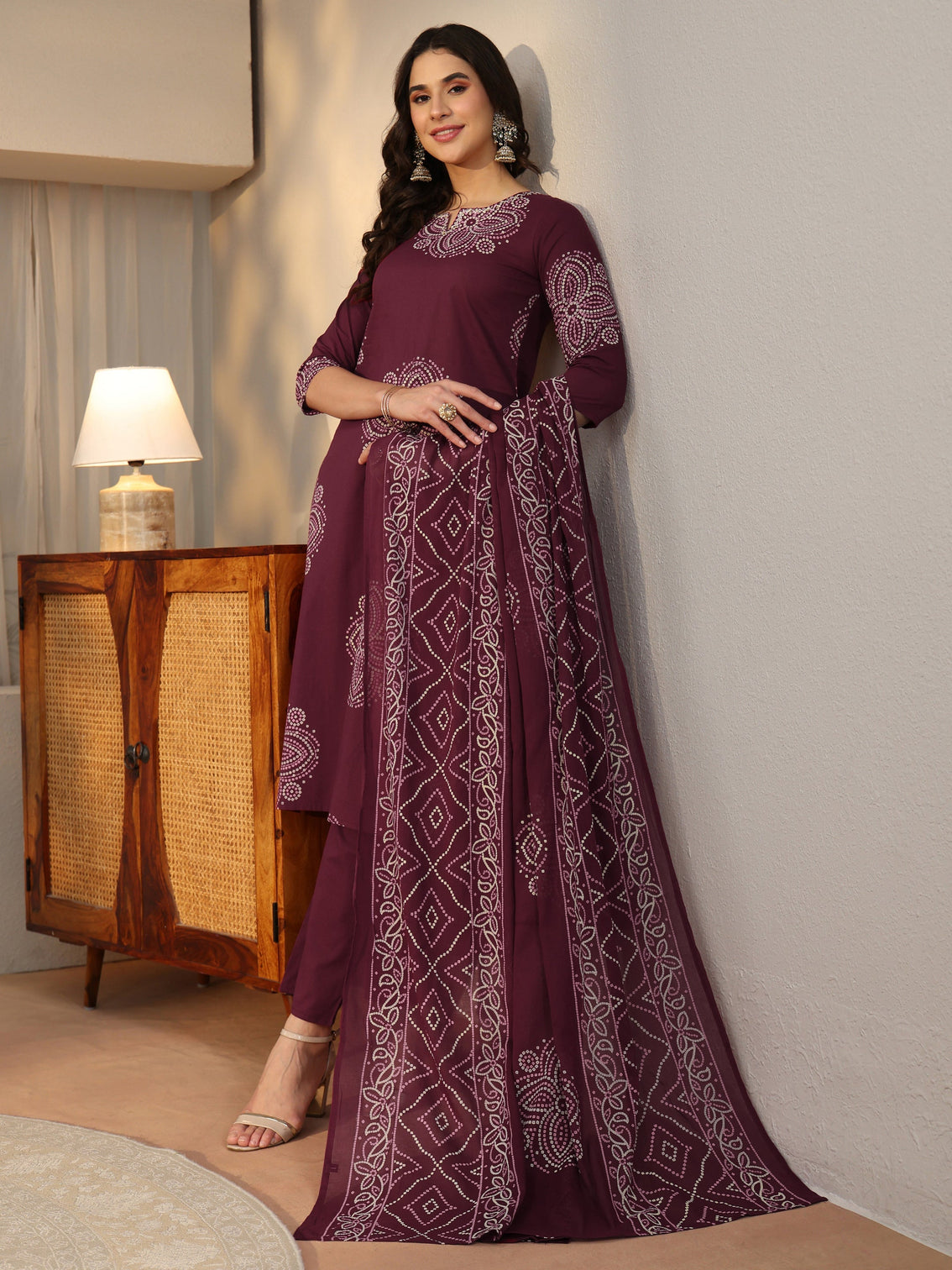 Mameraa Burgundy Bandhani Printed Cotton Straight Suit Set