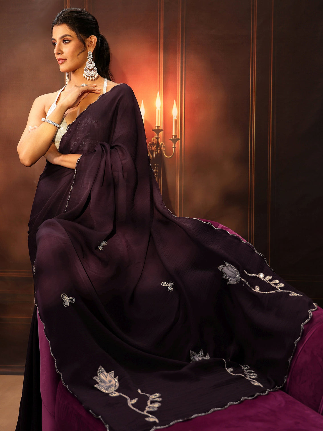 Mameraa Burgundy Chiffon Saree with Floral Applique Design Pallu