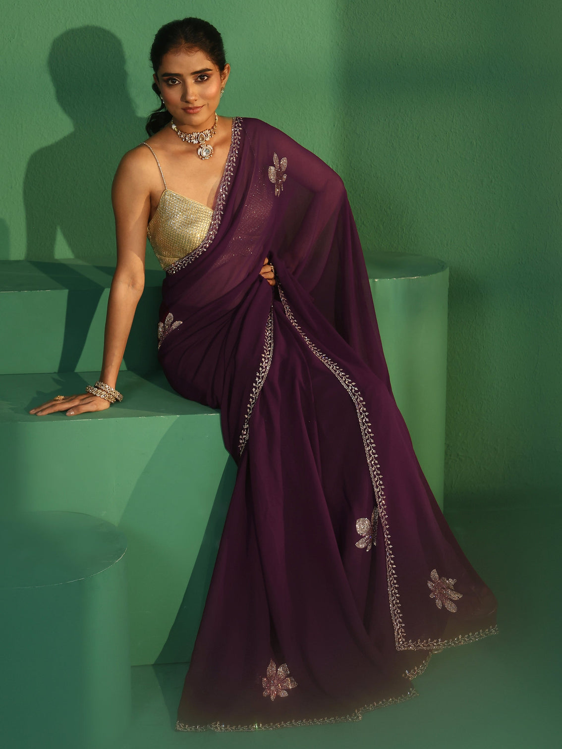 Mameraa Burgundy Embellished Georgette Saree