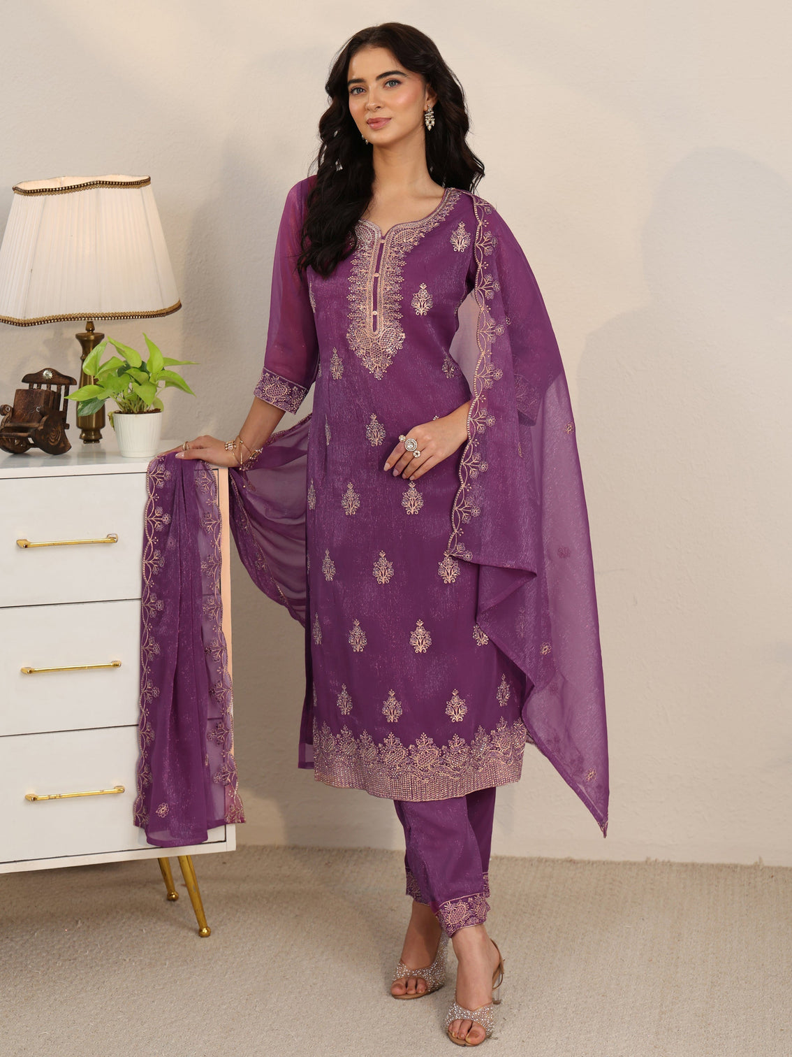 Mameraa Burgundy Embroidered Chinon Straight Suit Set