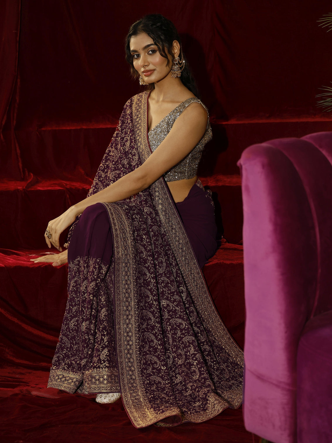 Mameraa Burgundy Embroidered Georgette Saree