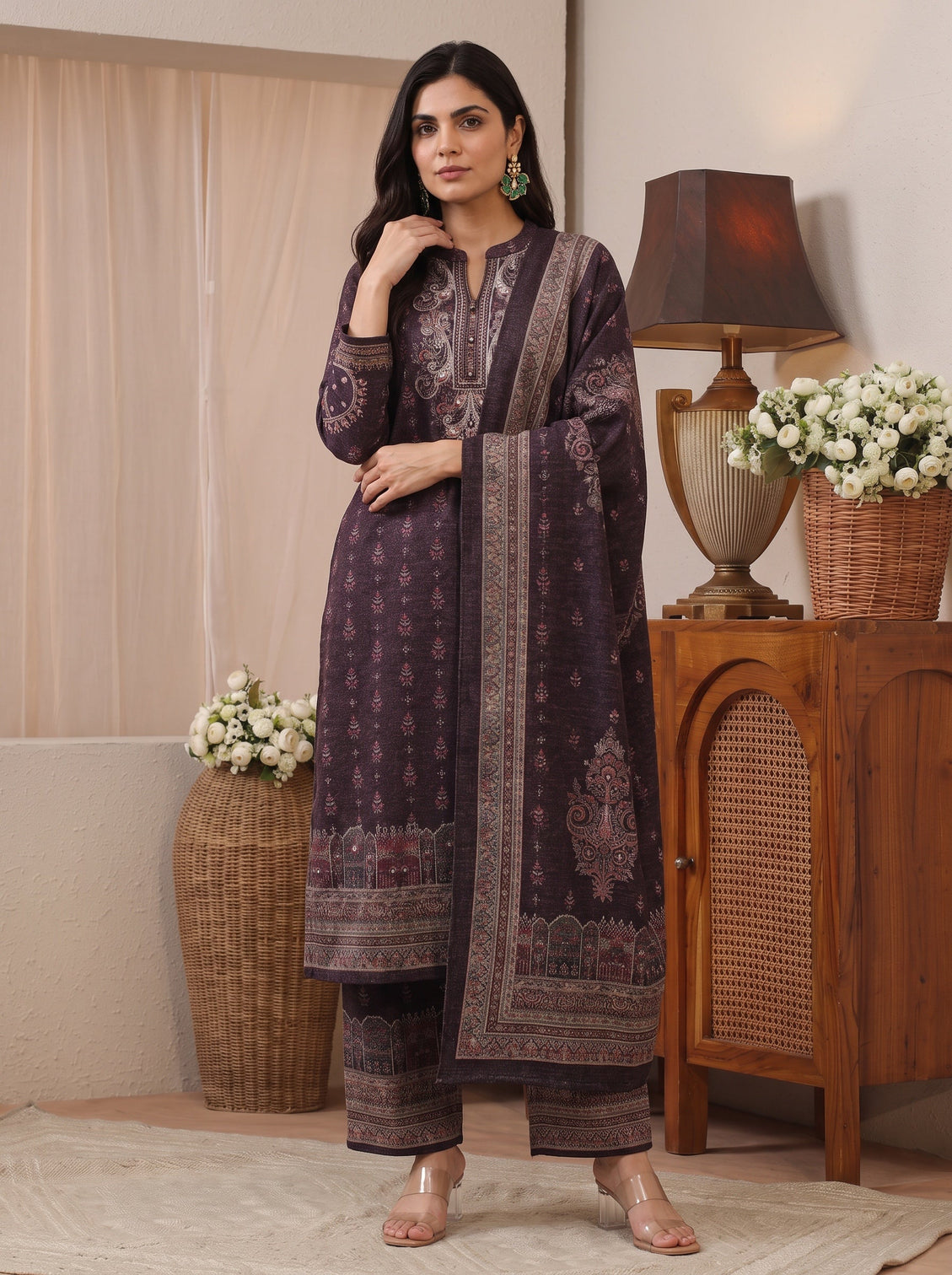 Mameraa Burgundy Ethnic Motif Printed Wool Straight Suit Set