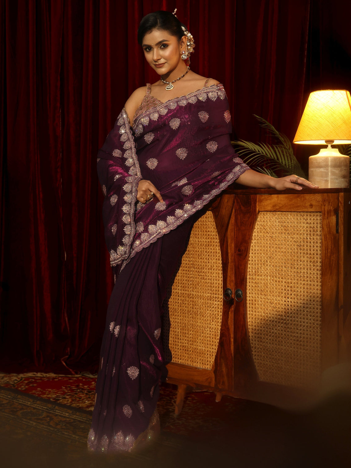 Mameraa Burgundy Floral Embellished Tissue Saree