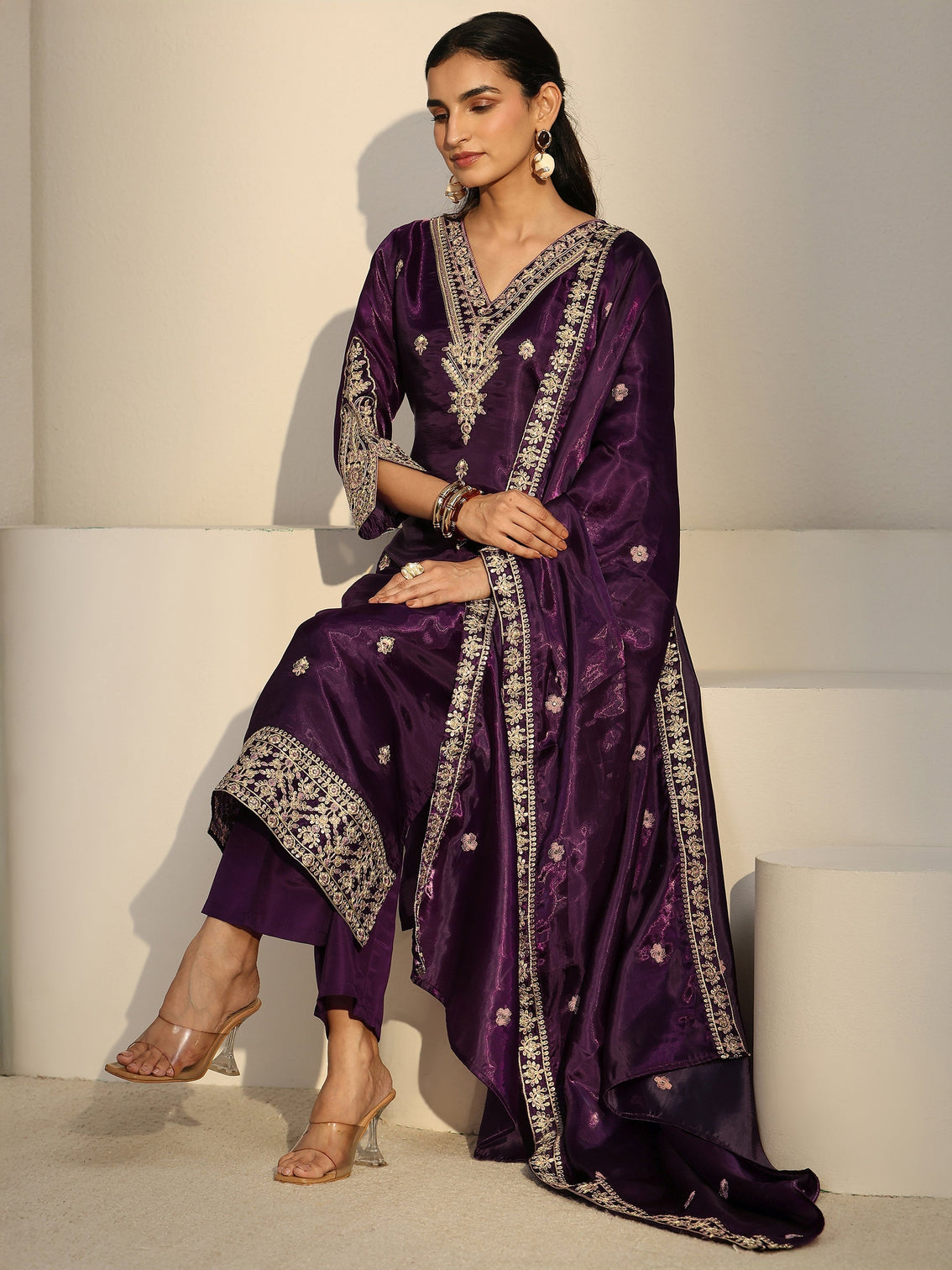 Mameraa Burgundy Floral Embroidered Tissue Straight Suit Set