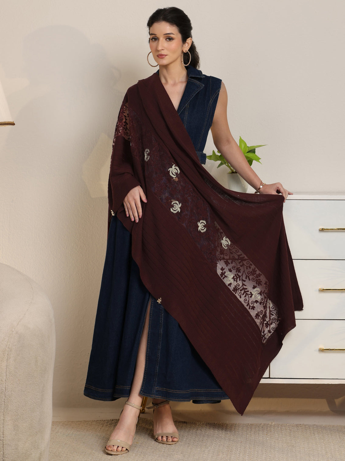 Mameraa Burgundy Floral Knitted Acrylic Wrap Shawl