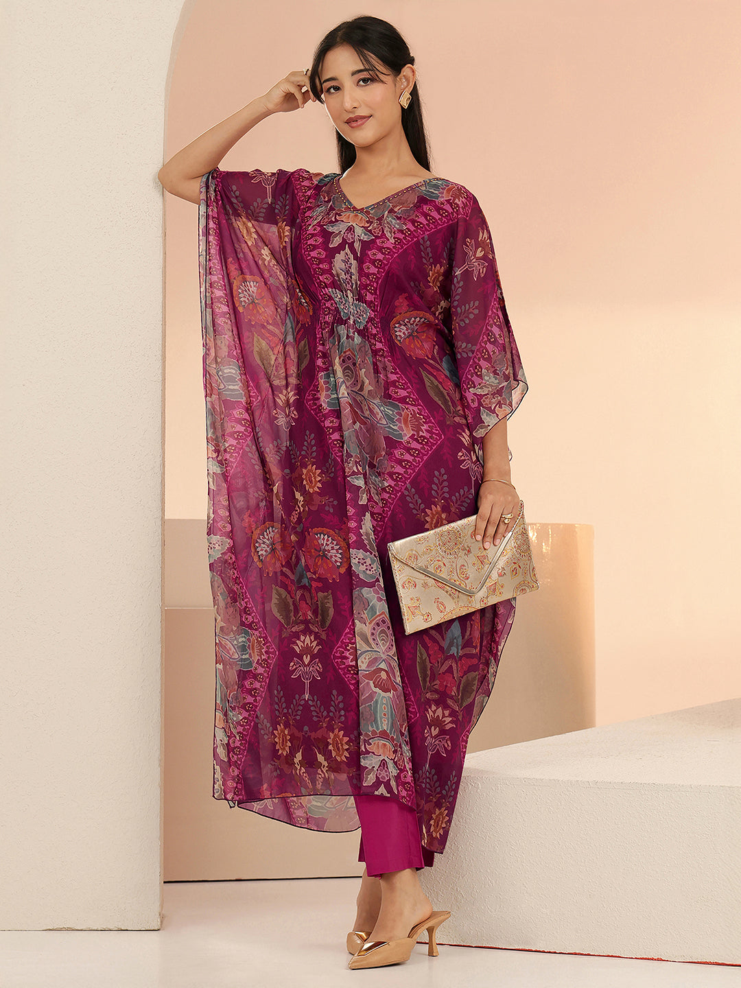 Mameraa Burgundy Floral Printed 3 Piece Chiffon Kaftan Kurta Set