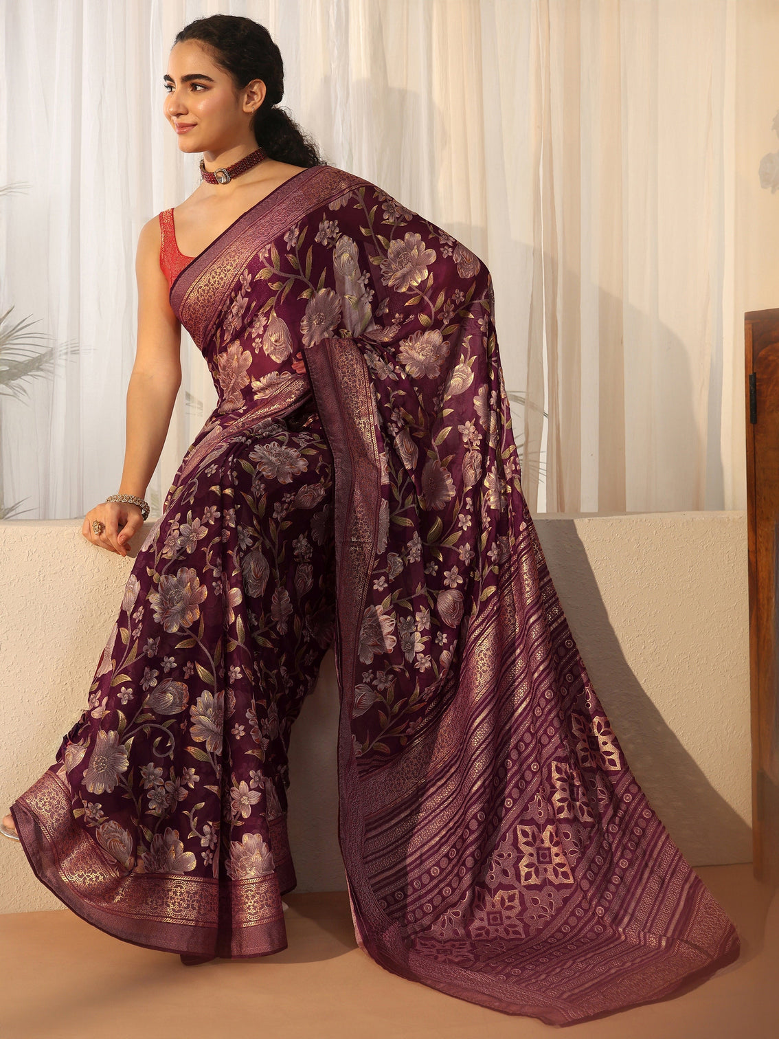 Mameraa Burgundy Floral Printed Silk Blend Saree with Woven Border