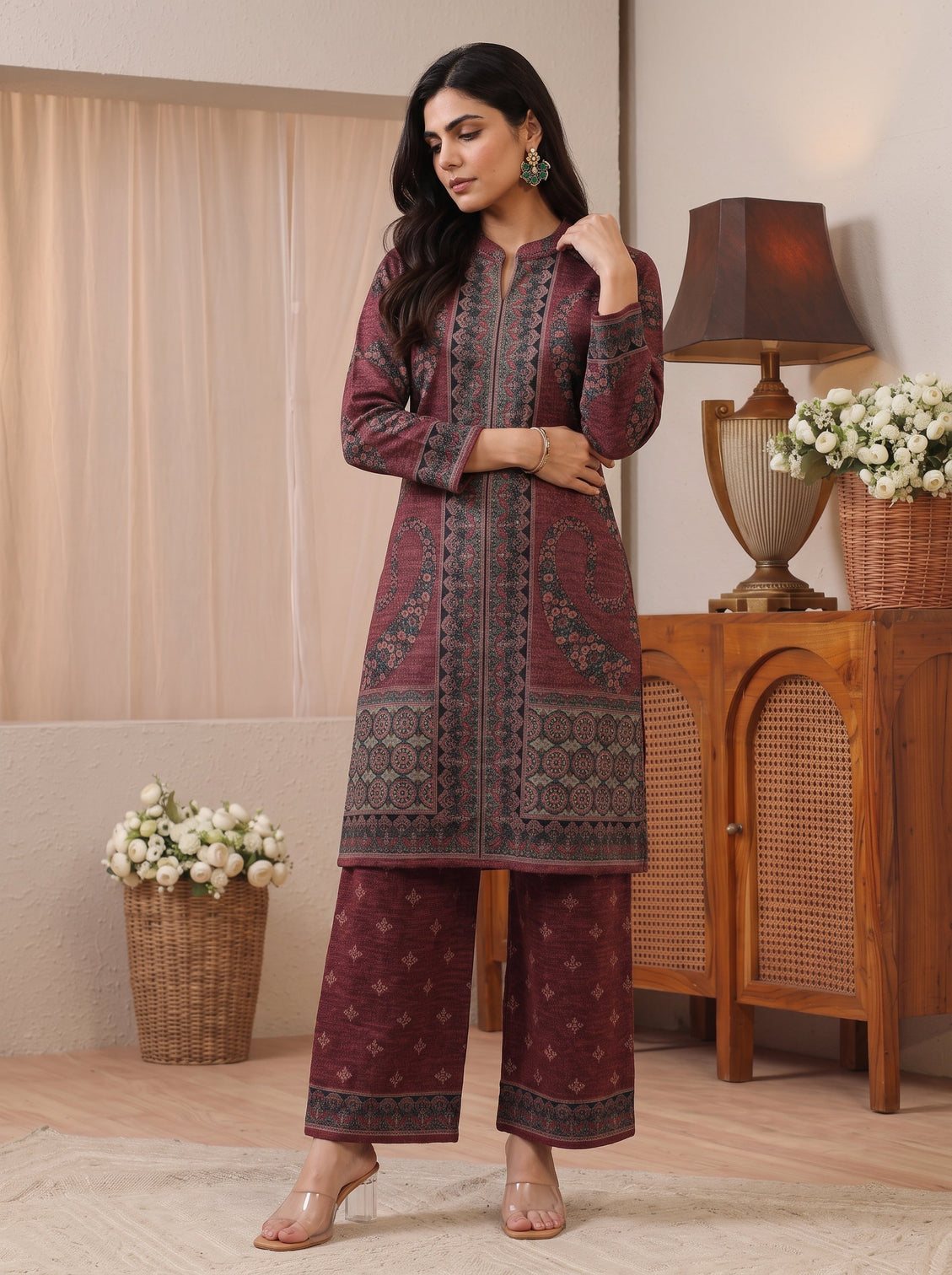 Mameraa Burgundy Floral Printed Woolen Co-Ord Set