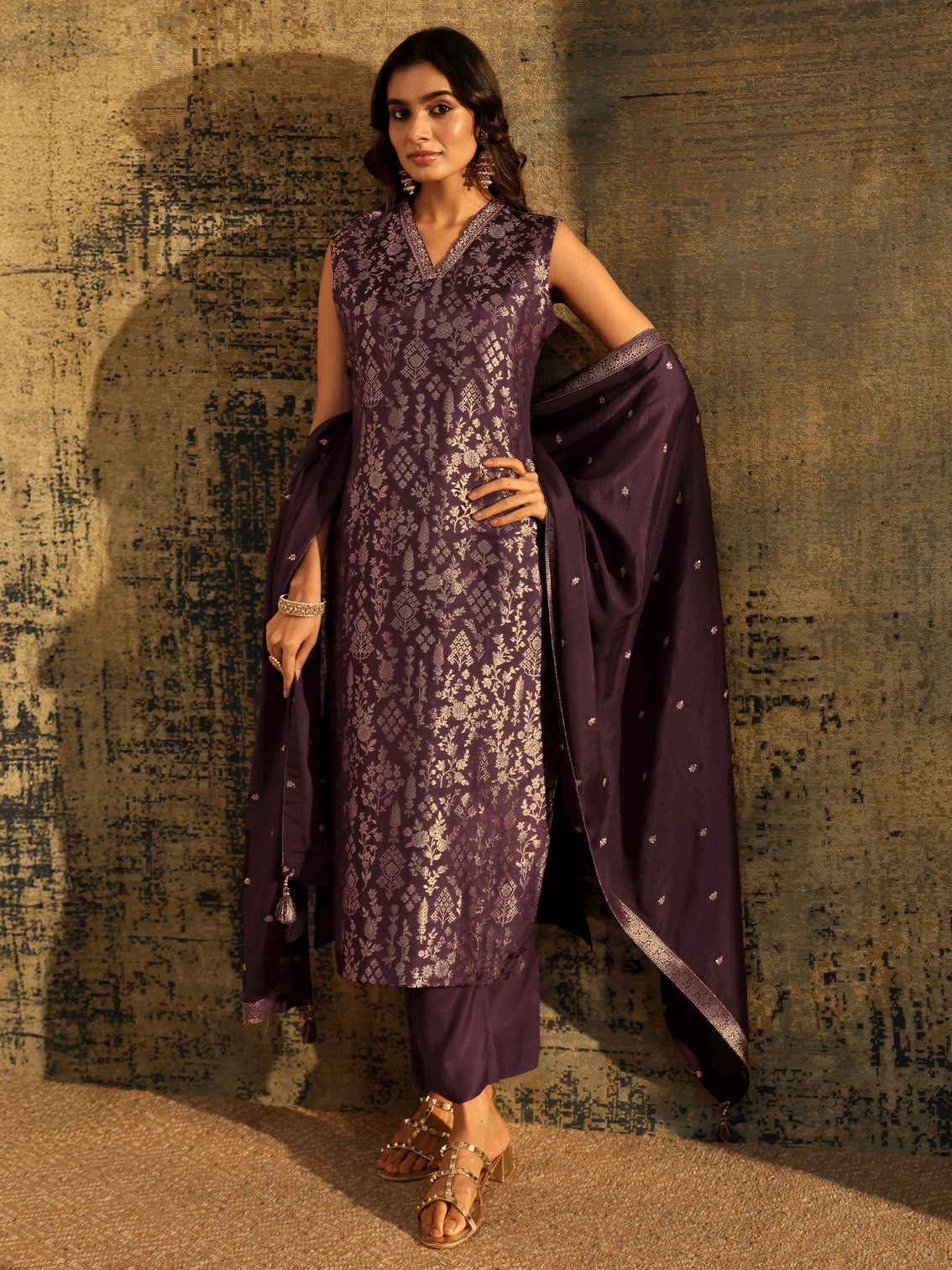 Mameraa Burgundy Floral Woven Design Silk blend Straight Suit Set