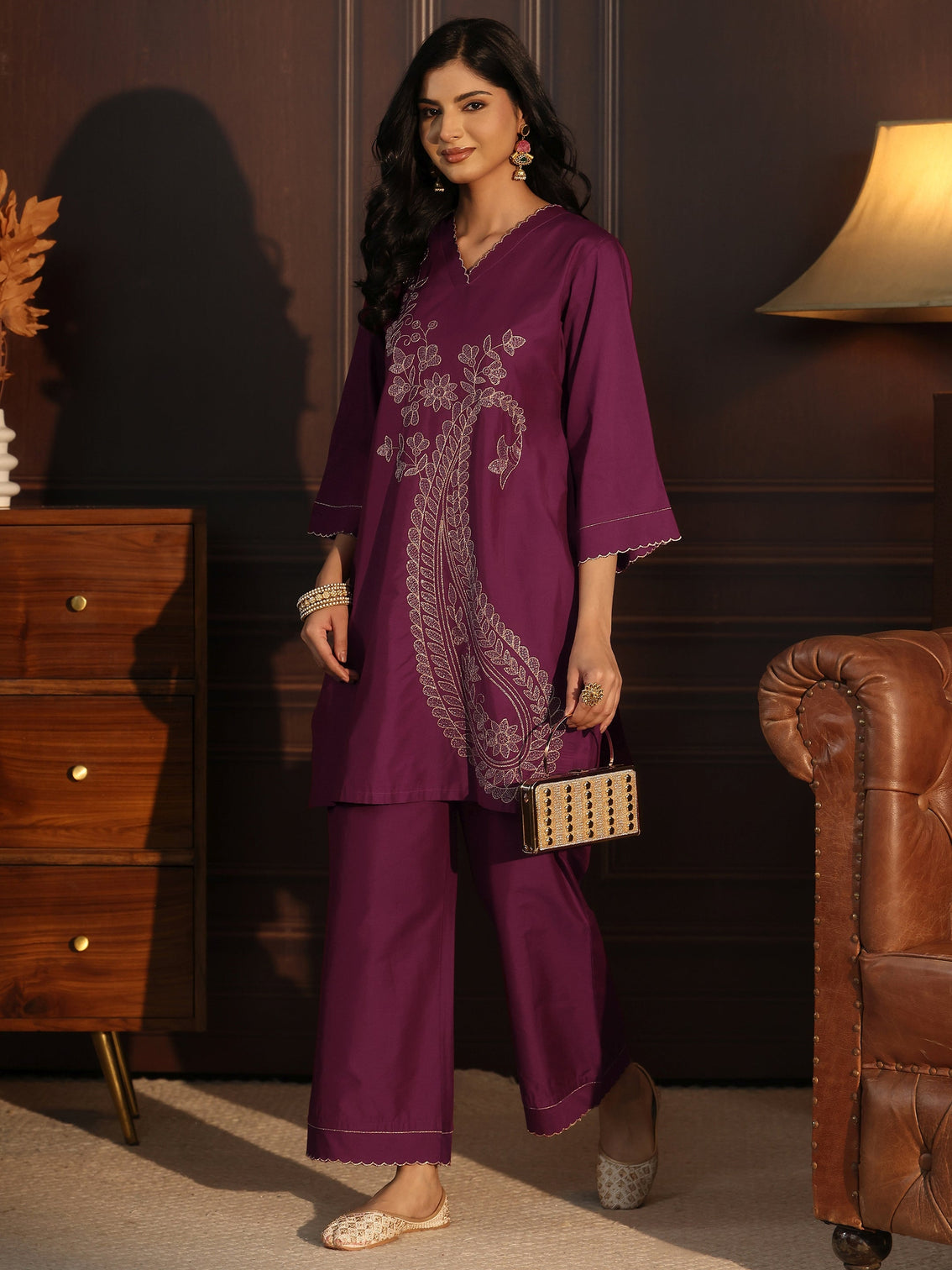 Mameraa Burgundy Paisley Embroidered Silk Blend Co-Ord Set
