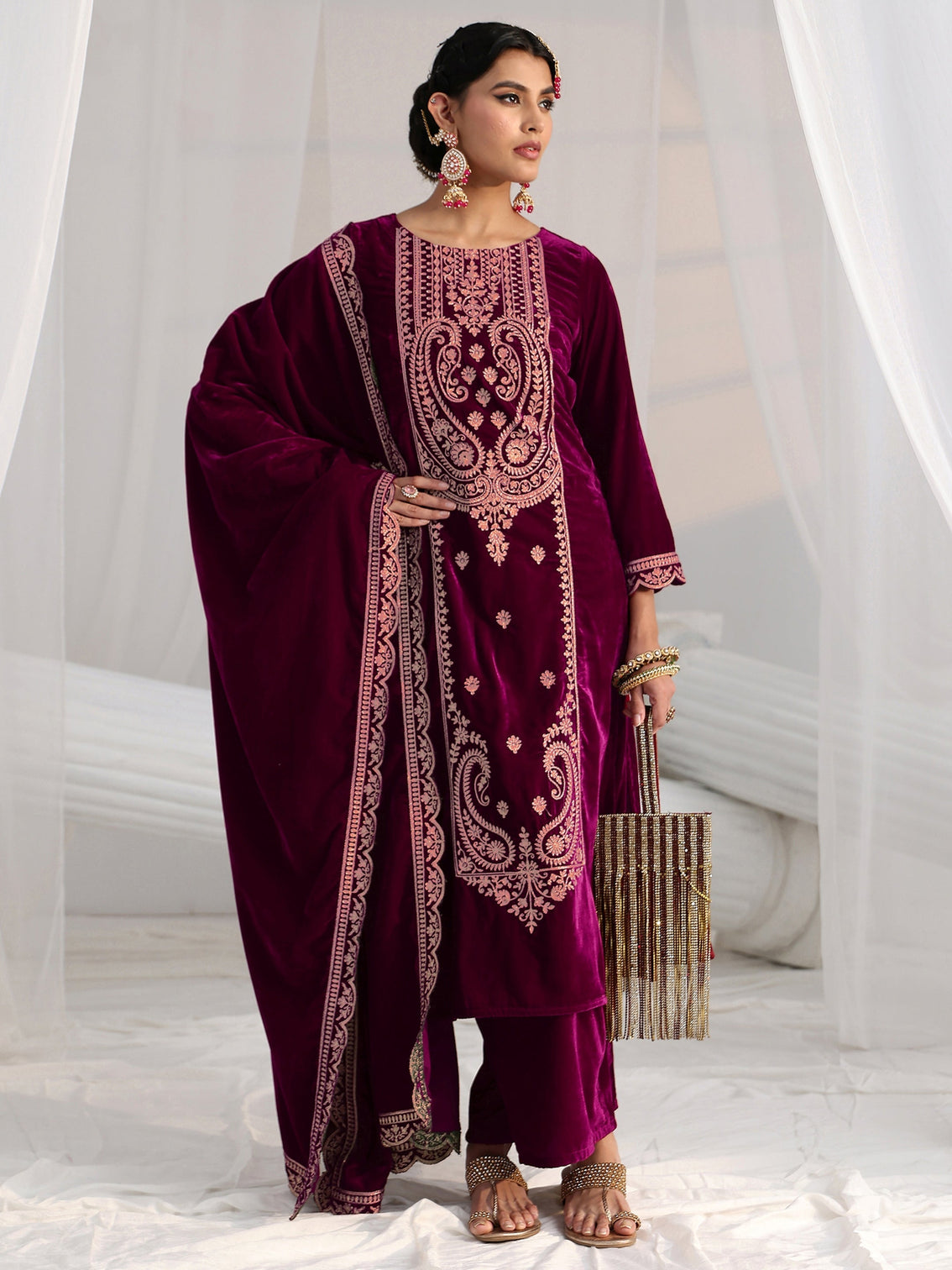 Mameraa Burgundy Paisley Embroidered Velvet Straight Suit Set