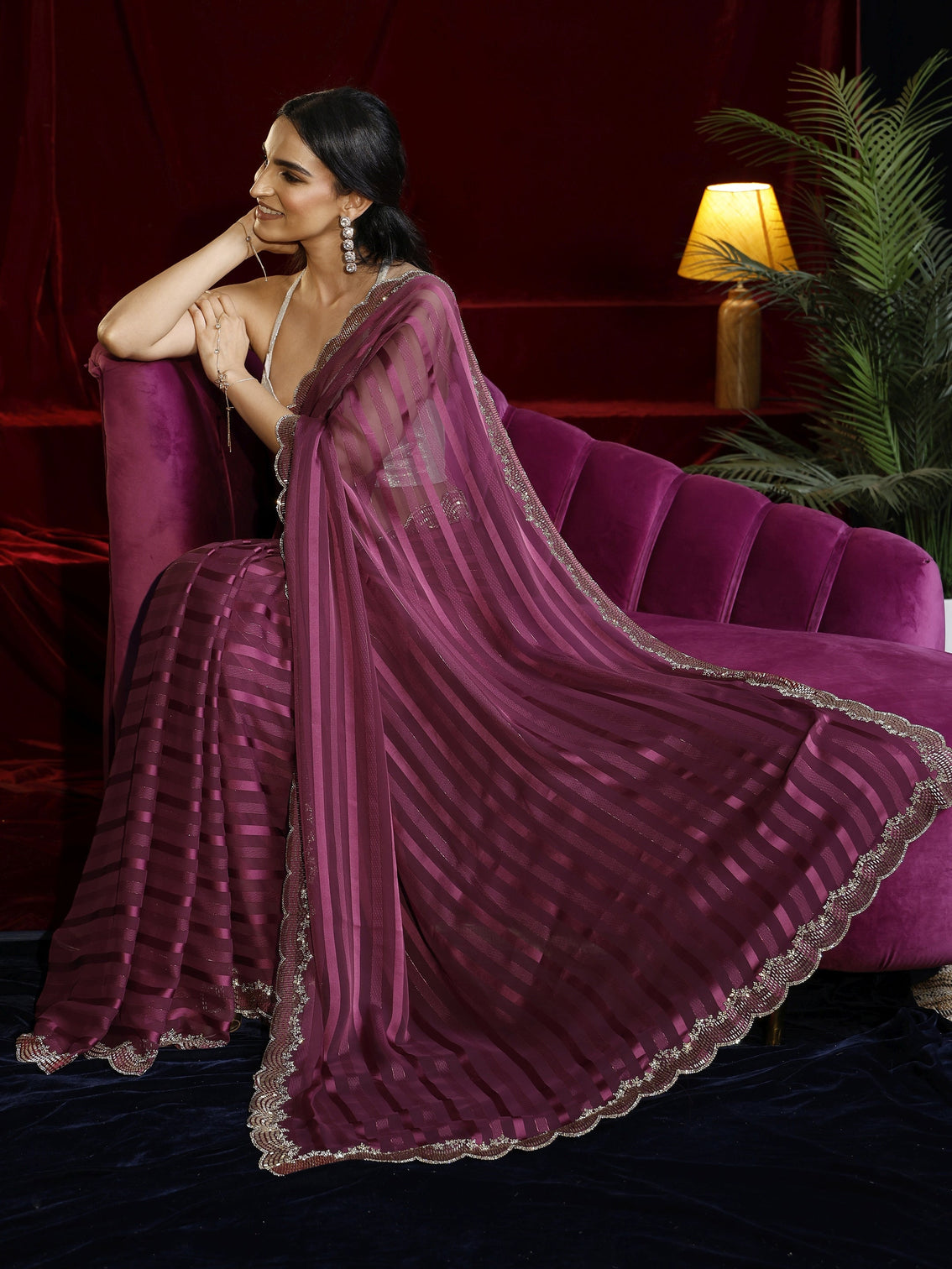 Mameraa Burgundy Striped Net Saree