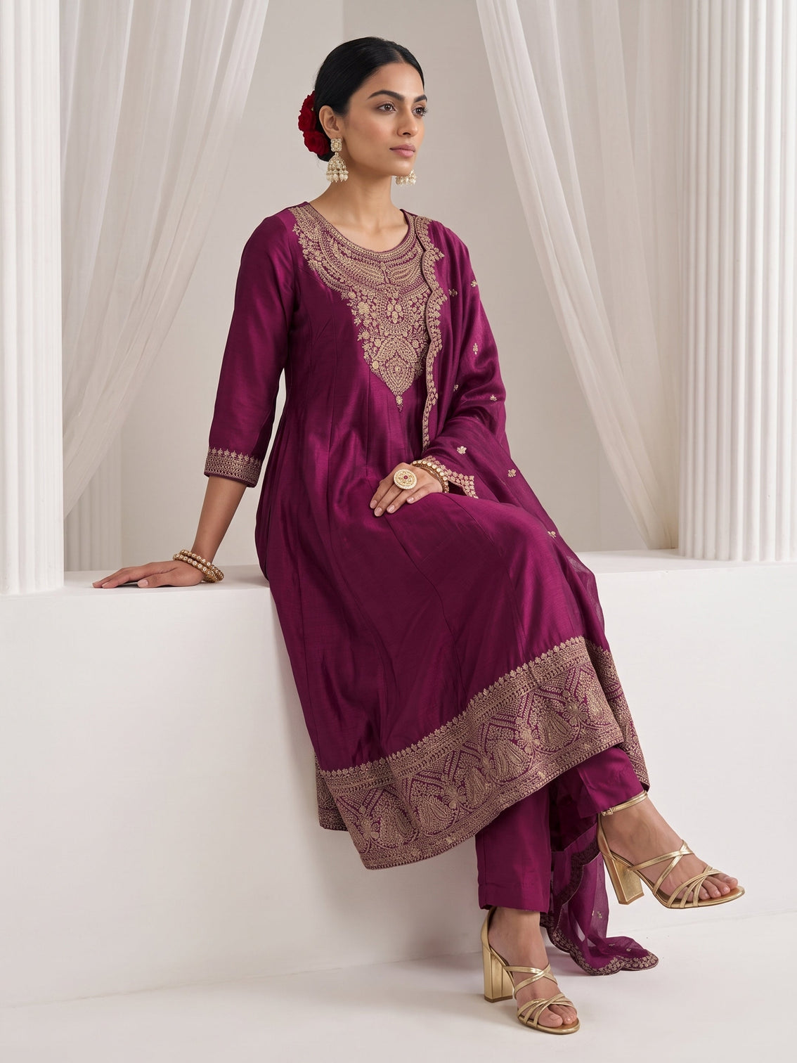 Mameraa Burgundy Yoke Embroidered Silk Blend A-Line Suit Set