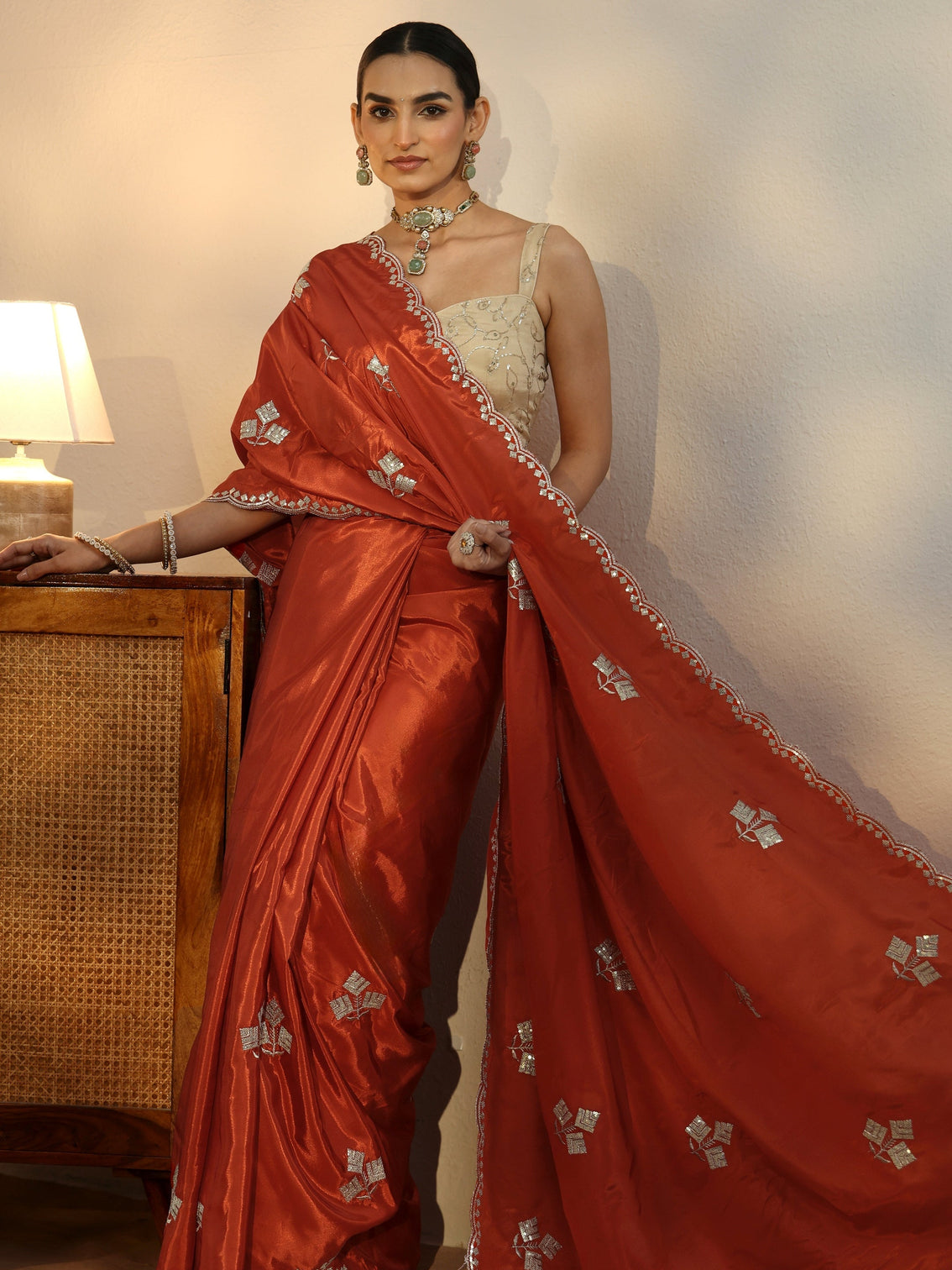 Mameraa Burnt Orange Floral Embellished Satin Saree