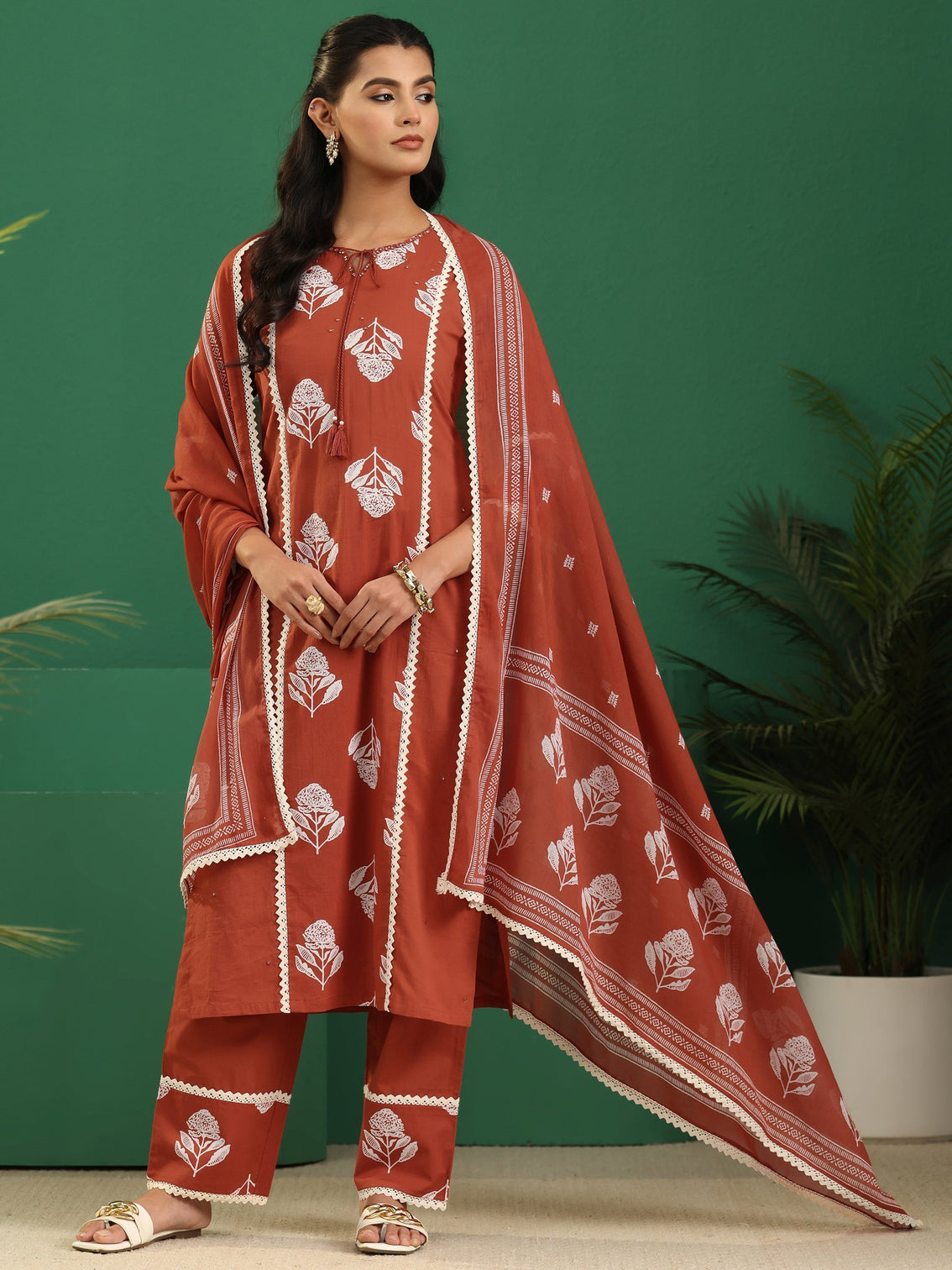 Mameraa Burnt Orange Floral Printed Cotton Straight Suit Set