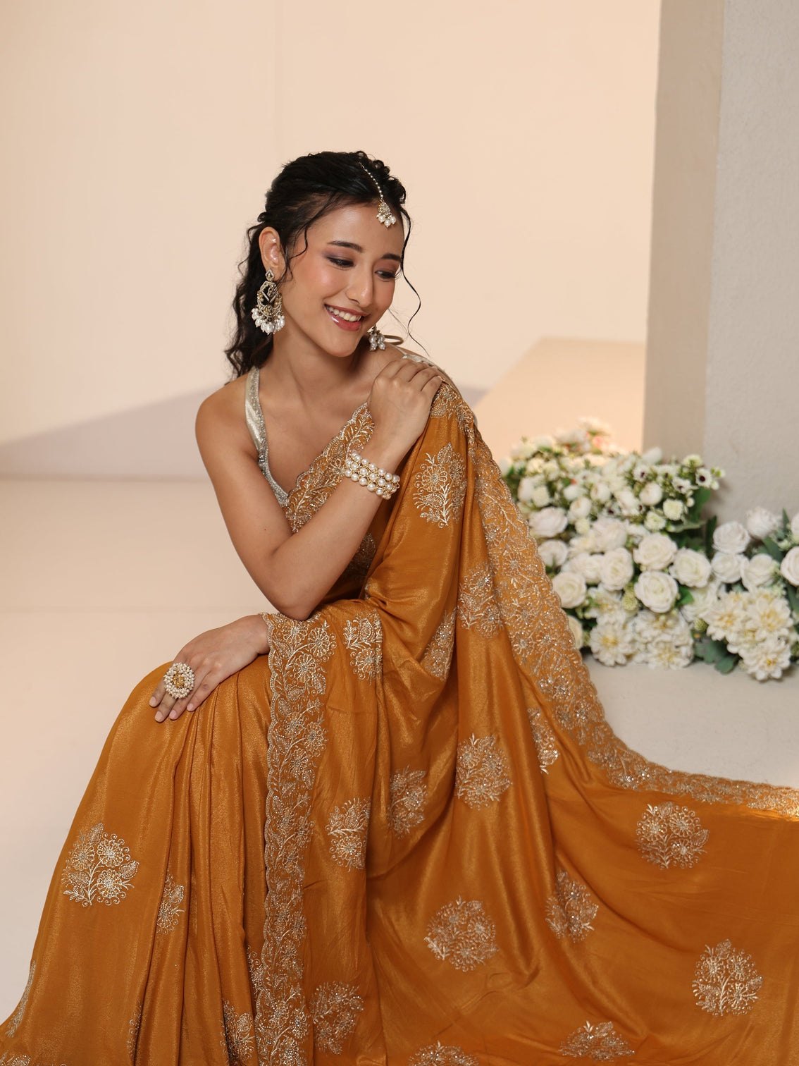 Mameraa Burnt Orange Satin Saree with Embroidered Floral Motifs