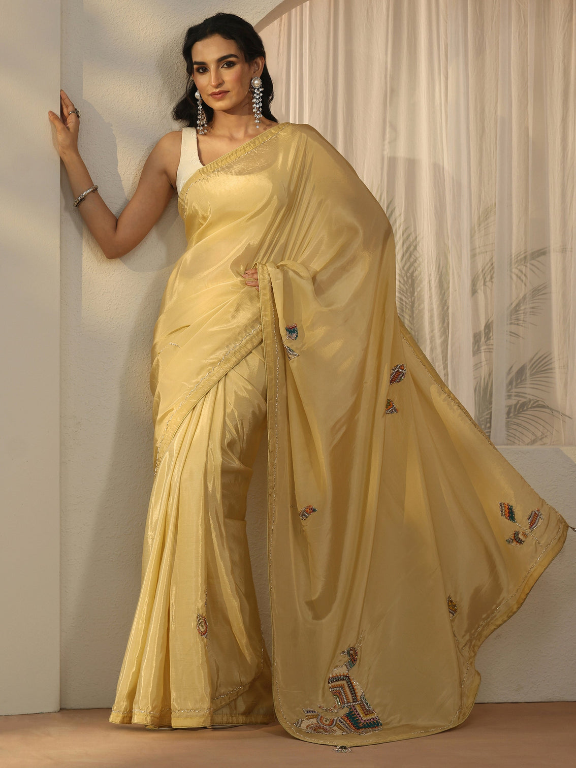 Mameraa Butter Yellow Embellished Satin Saree with Applique Design