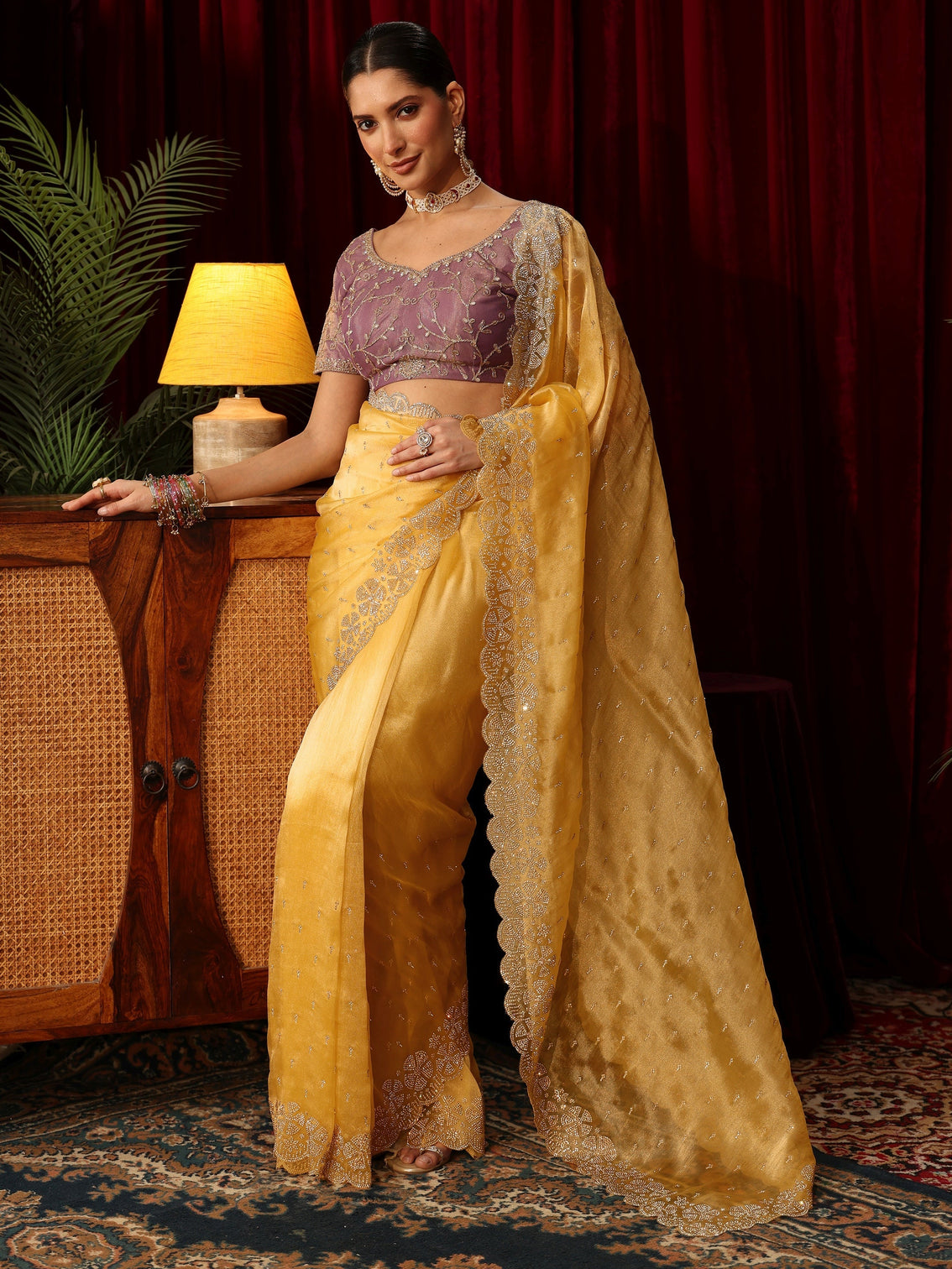 Mameraa Butter Yellow Embellished Tissue Saree with Scalloped Border