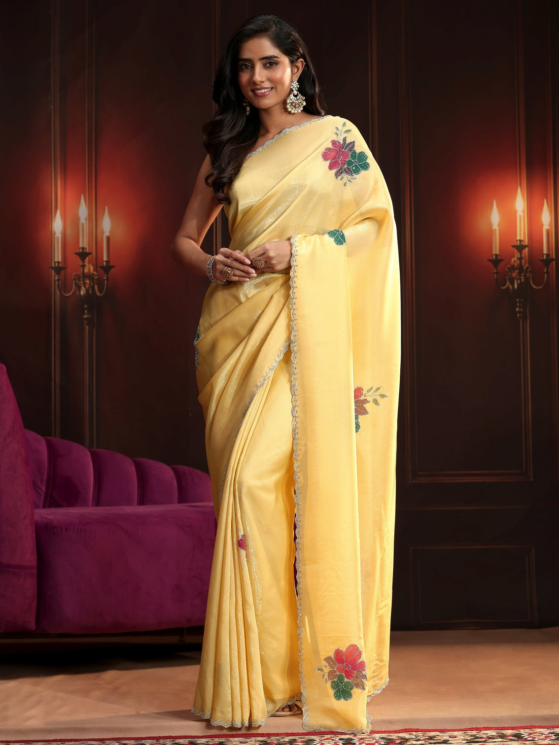 Mameraa Butter Yellow Floral Embellished Tissue Saree