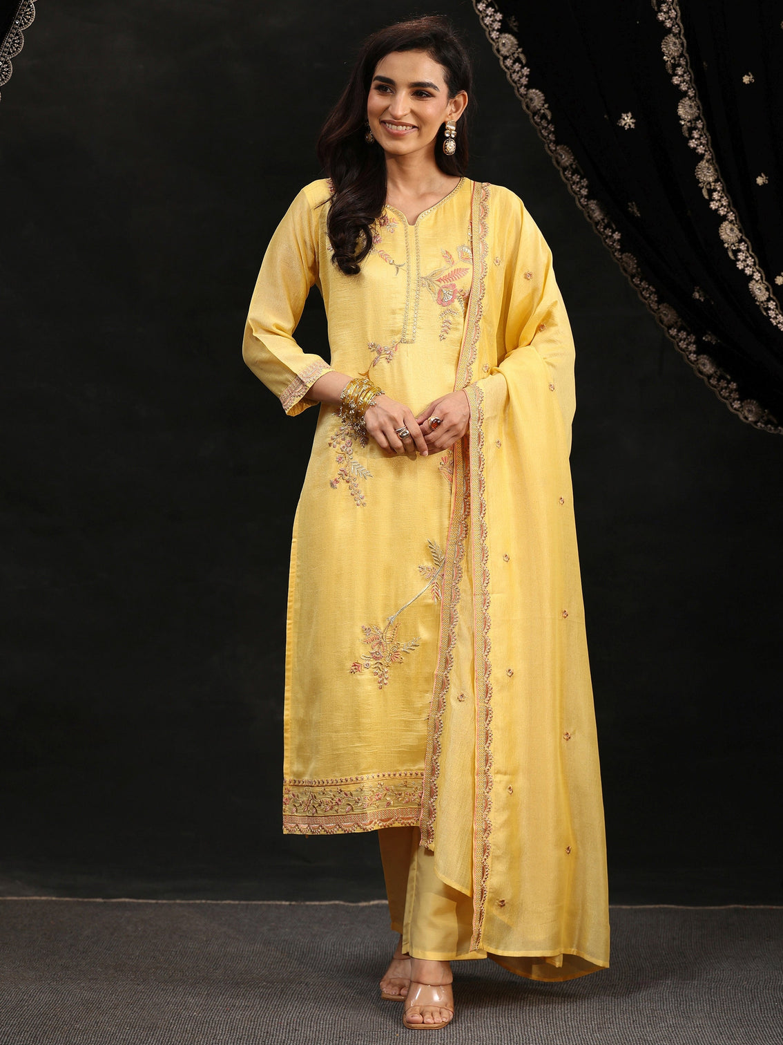 Mameraa Butter Yellow Floral Embroidered Silk Blend Straight Suit Set