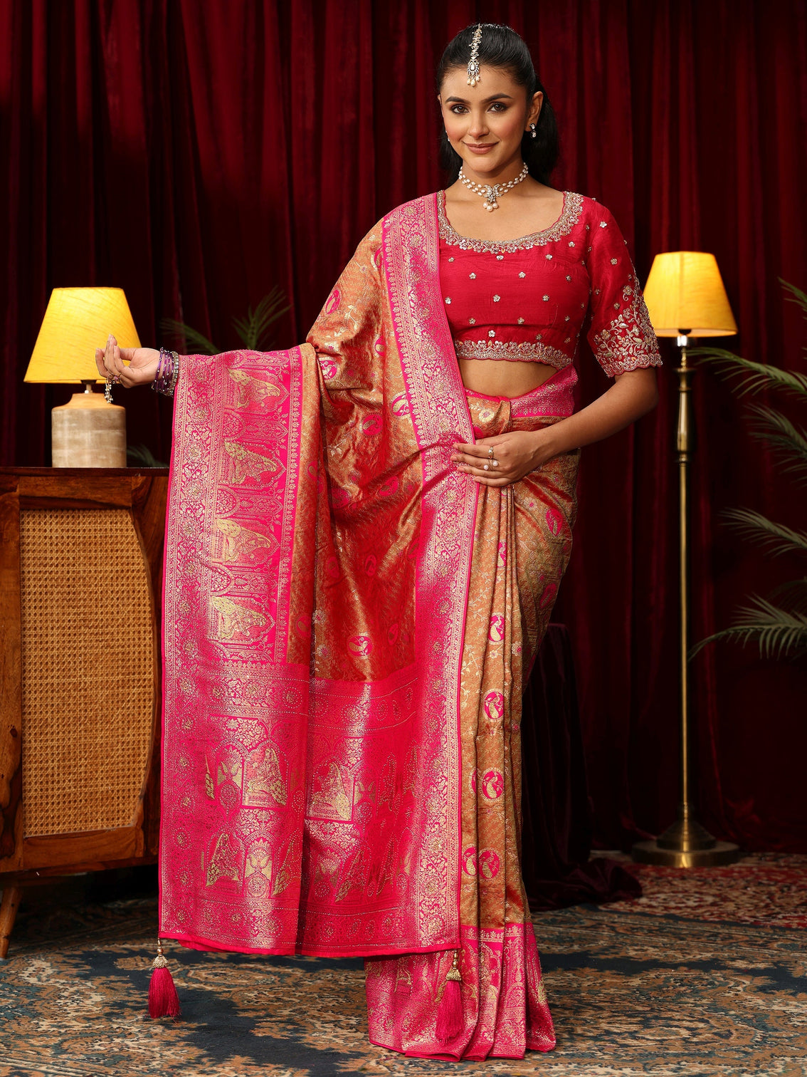 Mameraa Caramel Orange and Pink Woven Design Silk Blend Saree