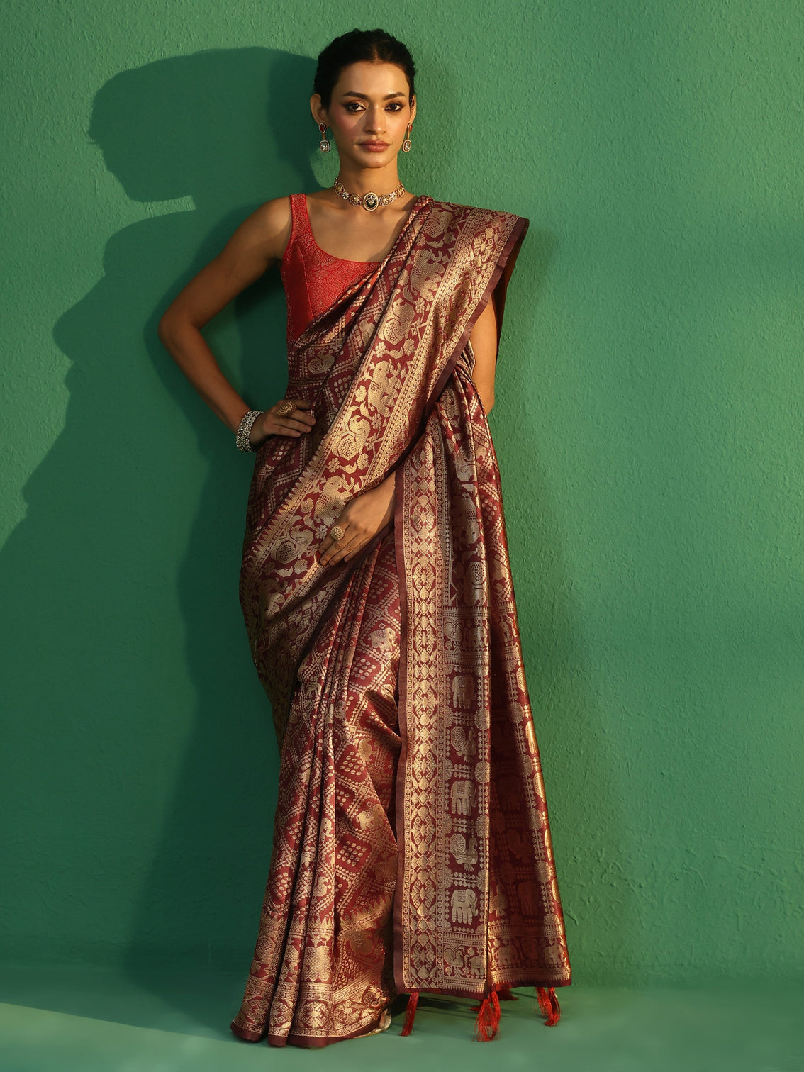 Mameraa Cardinal Red Brocade Saree with Elephant Motifs