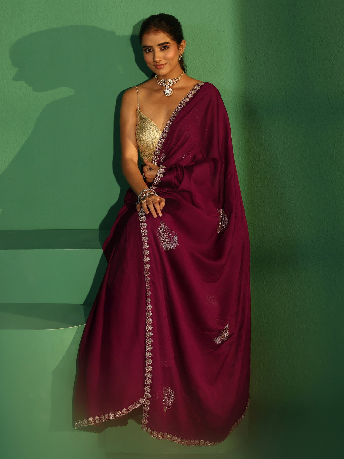 Mameraa Cardinal Red Embellished Silk Blend Saree