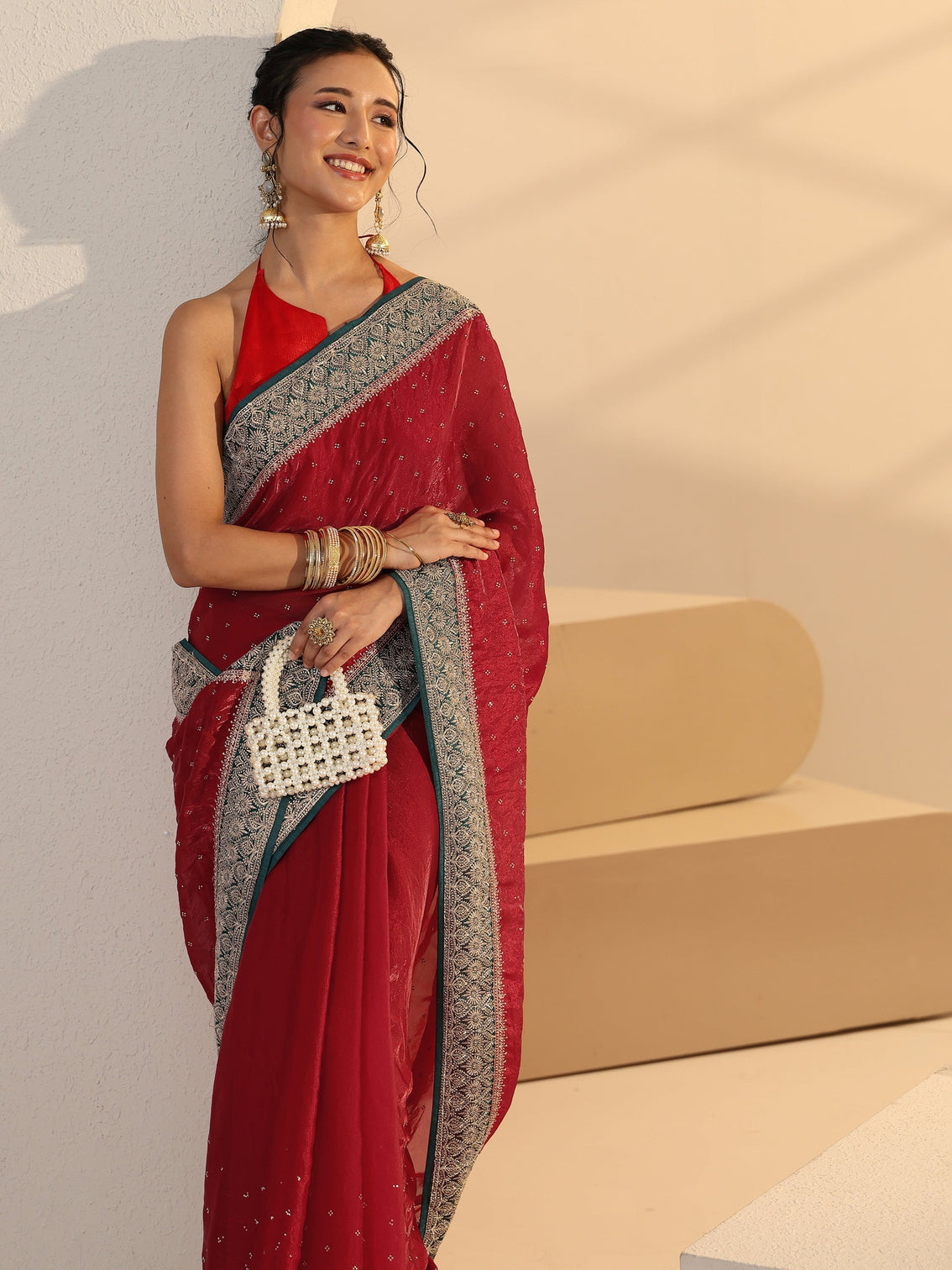 Mameraa Cardinal Red Stone Work Embellished Tissue Saree