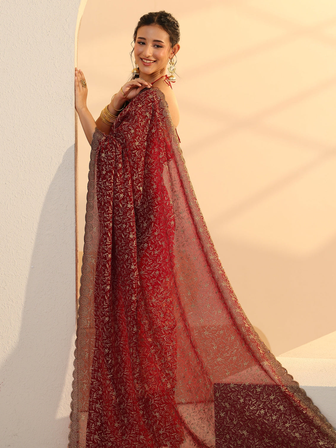 Mameraa Carmine Red Floral Embroidered Georgette Saree
