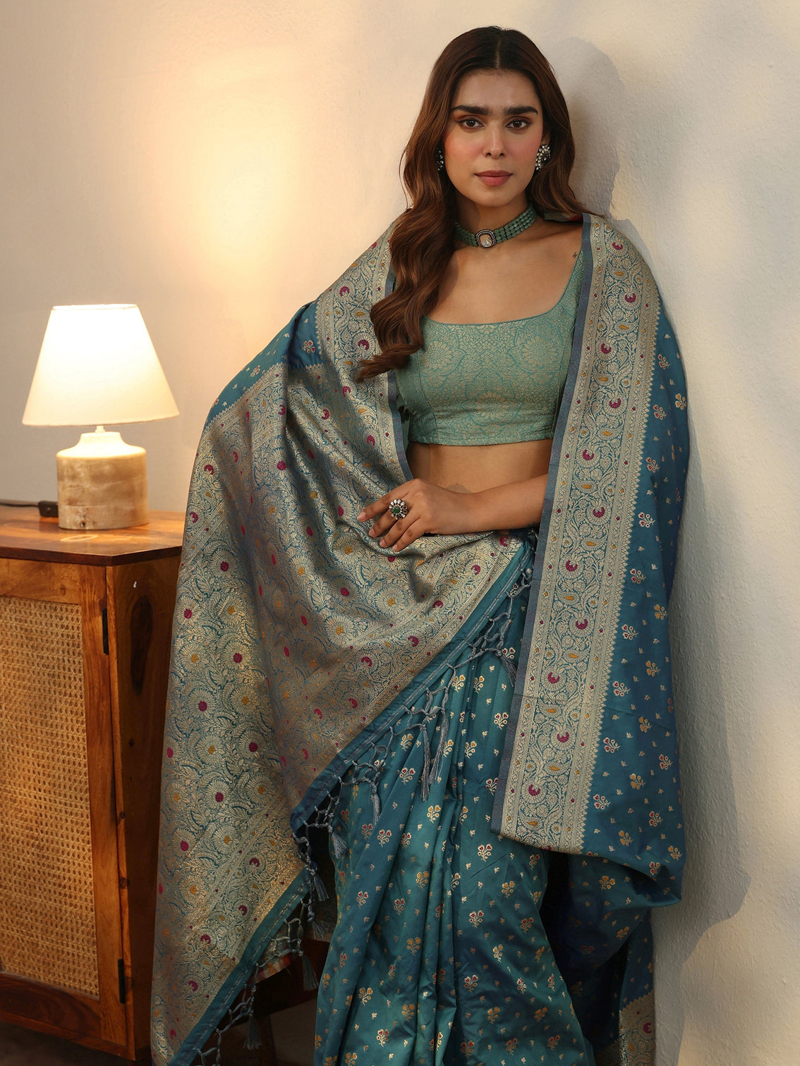 Mameraa Cerulean Blue Banarasi Silk Blend Saree