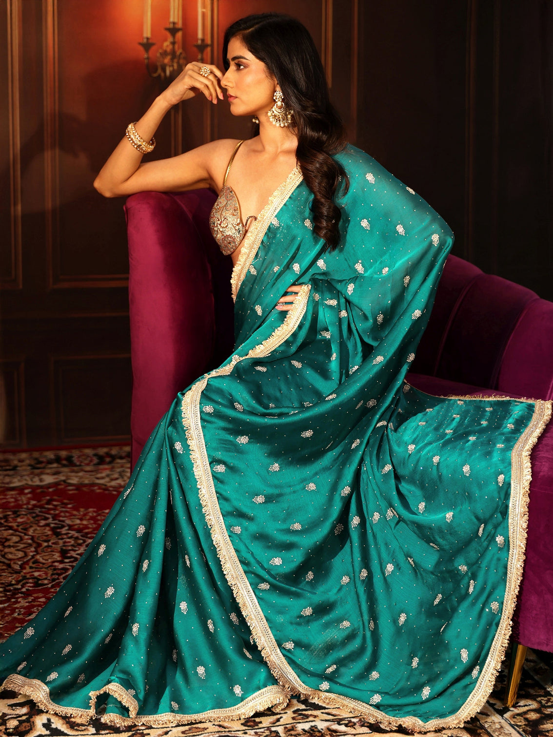 Mameraa Cerulean Blue Embellished Chinon Saree with Gota Border