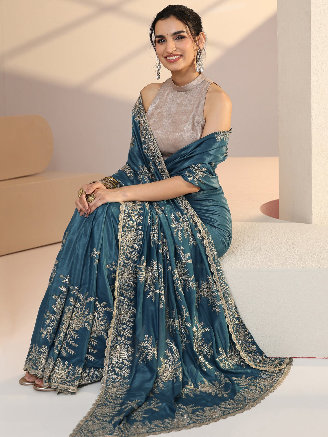 Mameraa Cerulean Blue Floral Embroidered Satin Saree