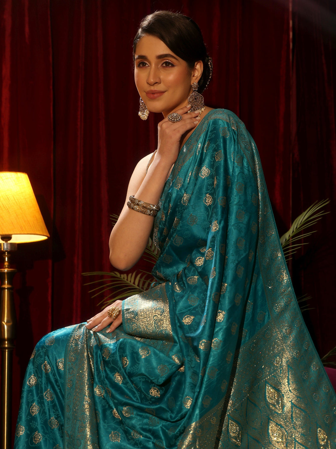 Mameraa Cerulean Blue Floral Woven Design Silk Blend Saree