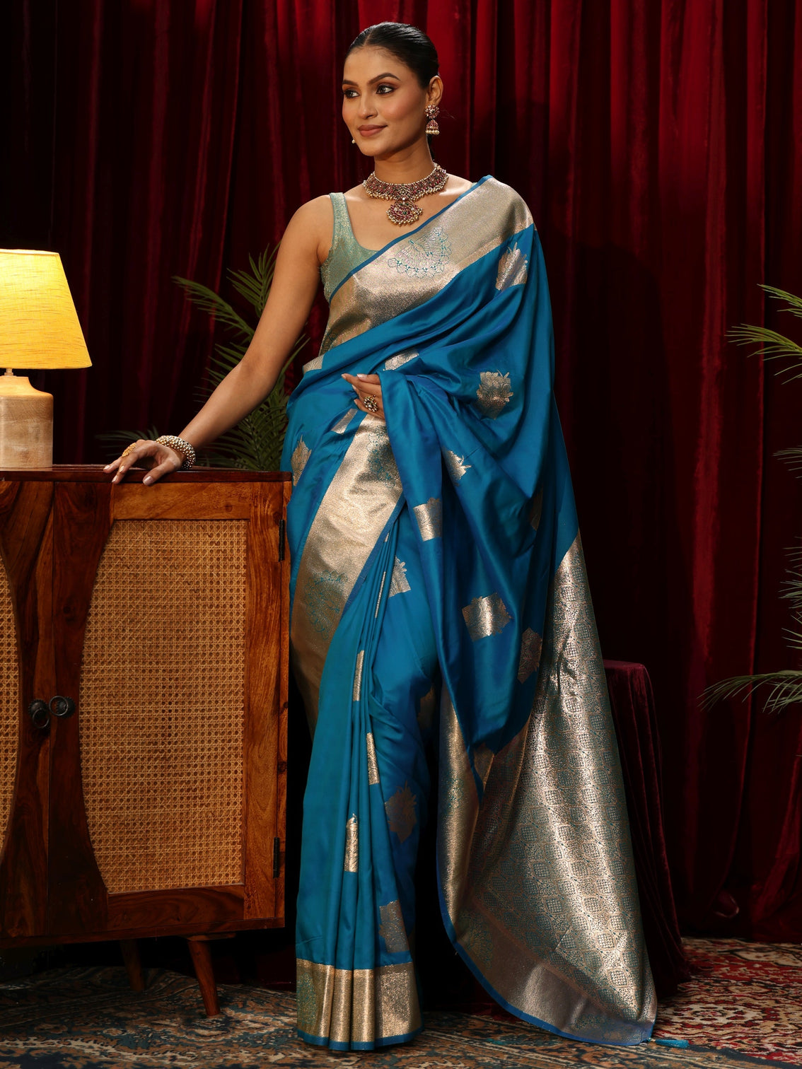 Mameraa Cerulean Blue Peacock Woven Design Silk Blend Saree